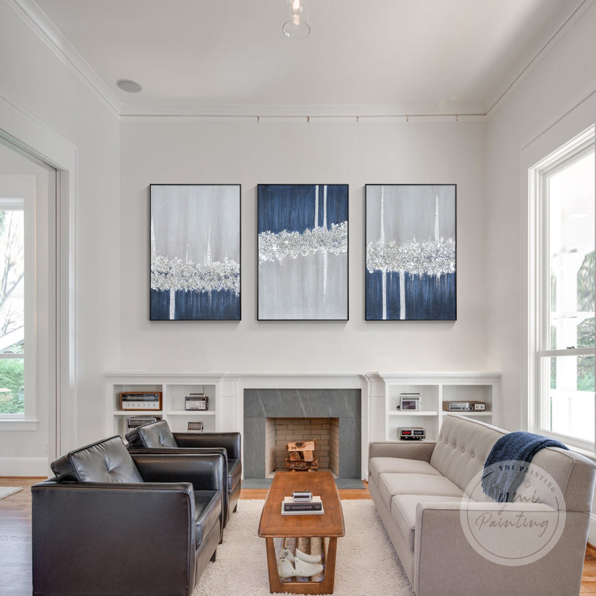 Three-piece abstract navy blue glitter painting with 3D textured elements, perfect for modern wall decoration.