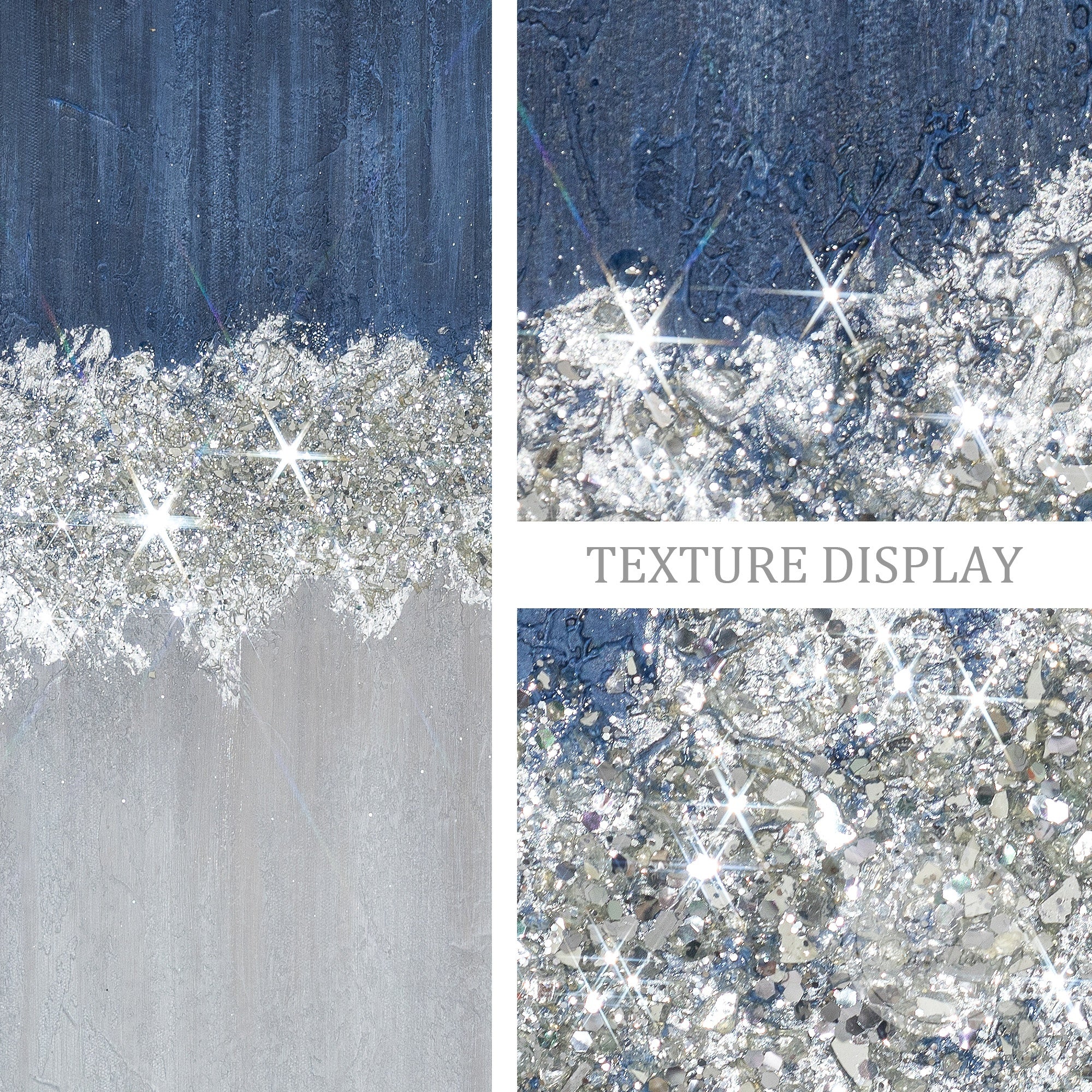 Large minimalist navy blue glitter canvas set, framed and ready to add elegance to living or office spaces.