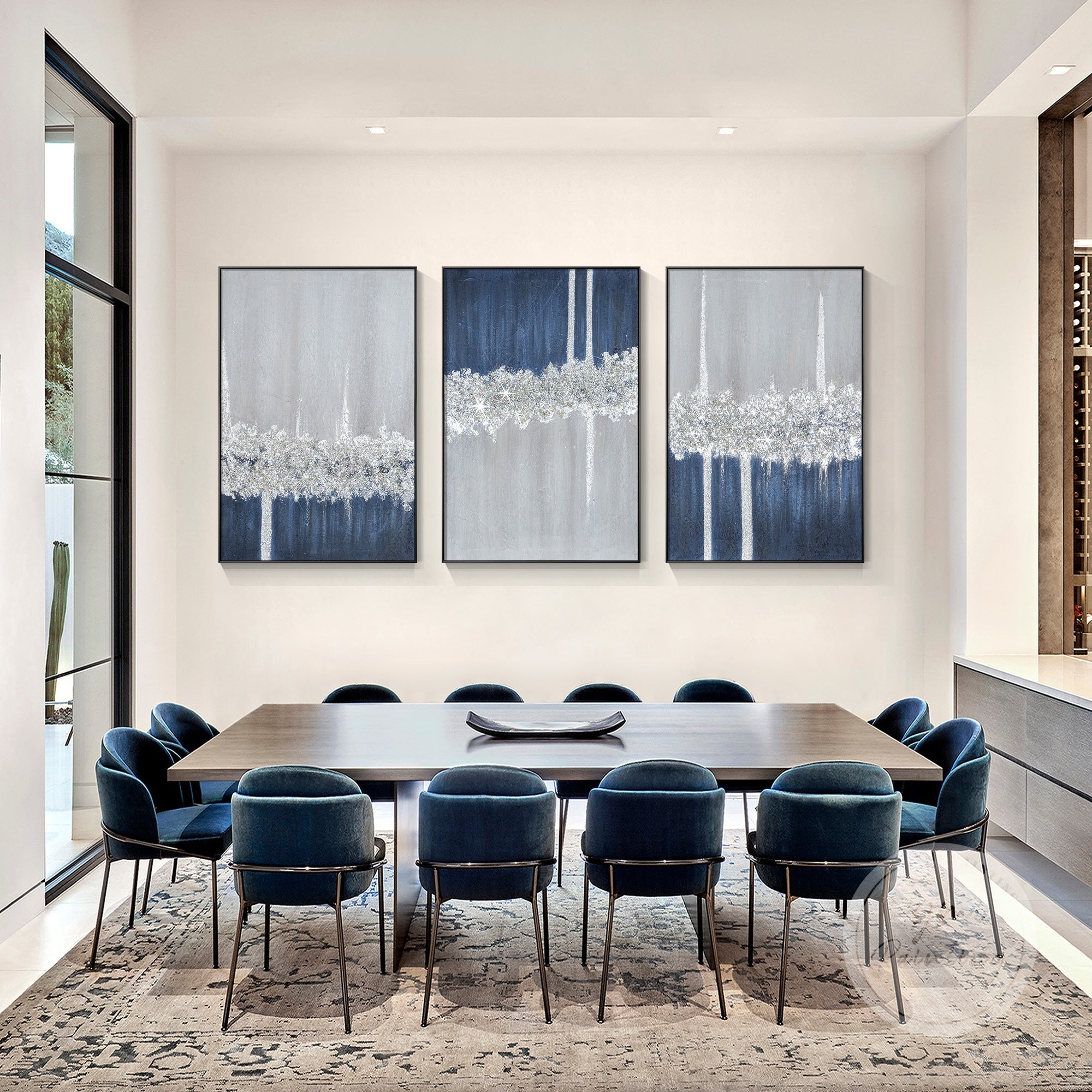 Multi-panel navy blue glitter art featuring bold textures and shimmering effects, ideal for glam interiors.