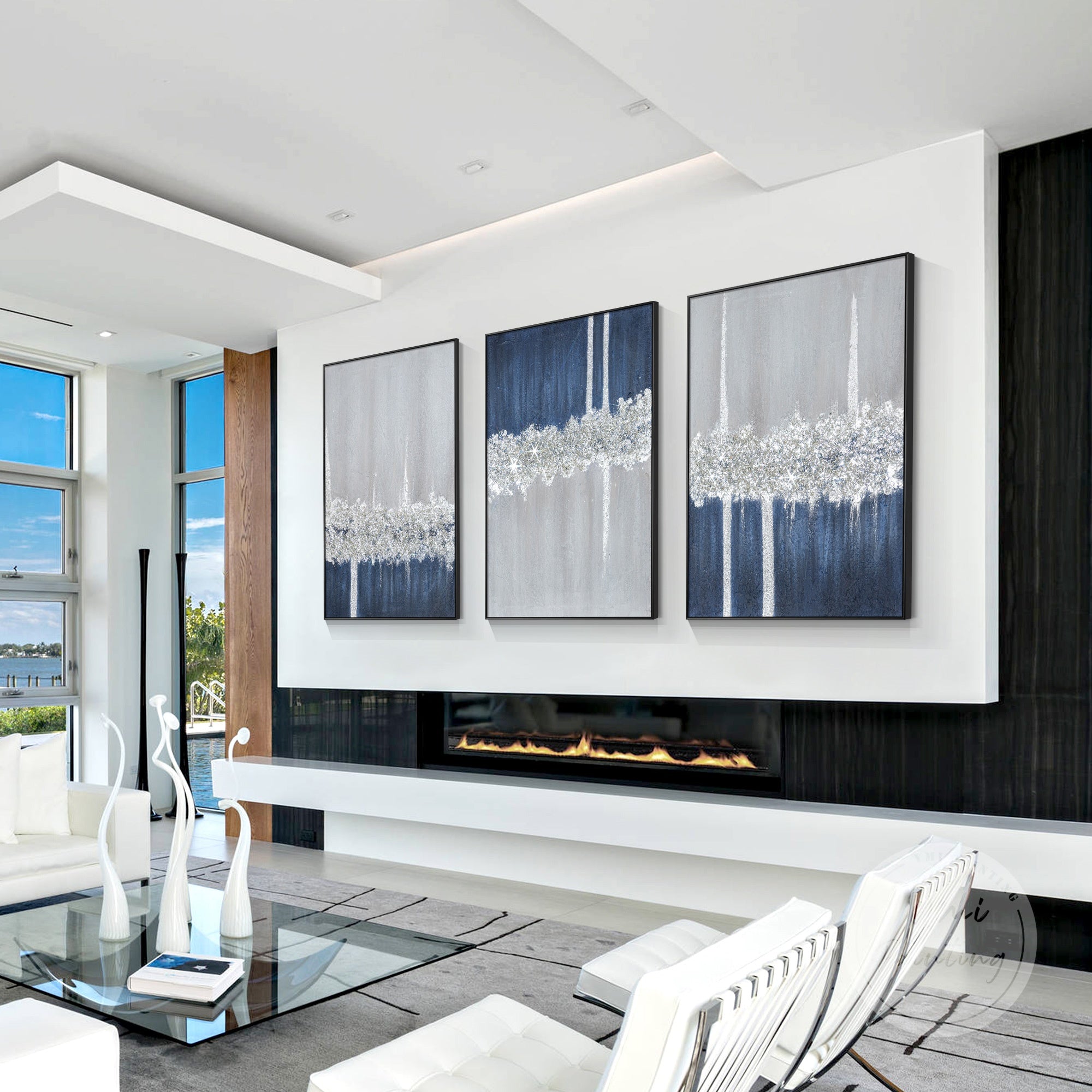 Navy blue glitter artwork set with crushed glass texture, framed minimalist art for stylish home decor.