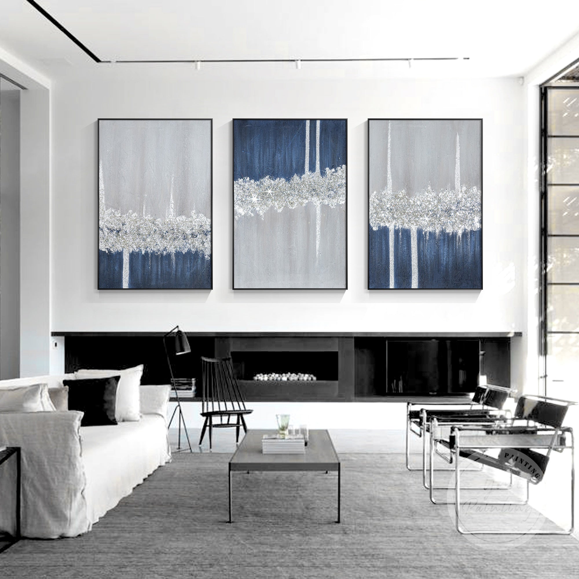 Large framed navy blue glitter wall art, consisting of three coordinated panels for a dramatic focal point.