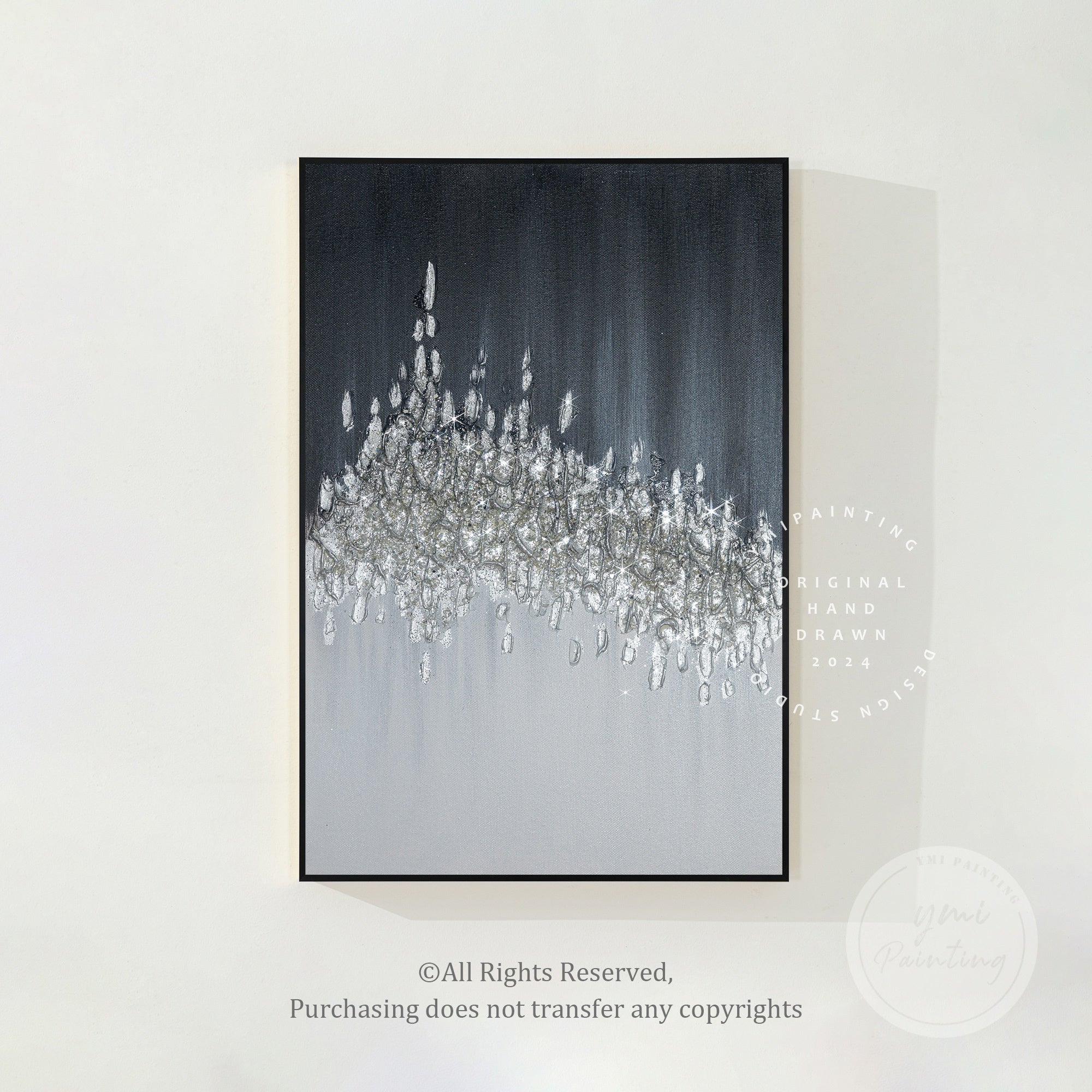 Large black and silver crushed glass glitter wall art with textured sparkle.