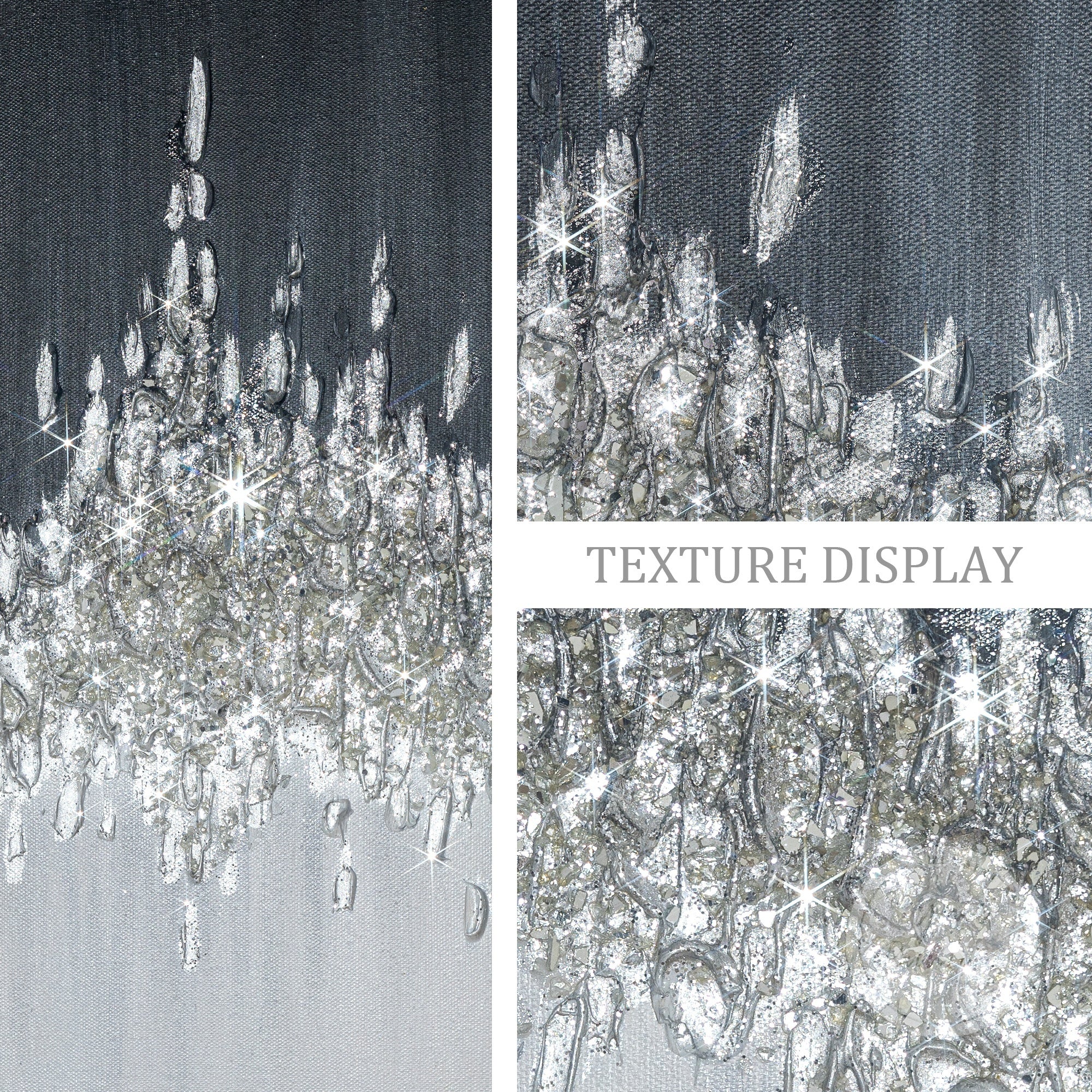 Modern large framed black silver glitter canvas with crushed glass details.