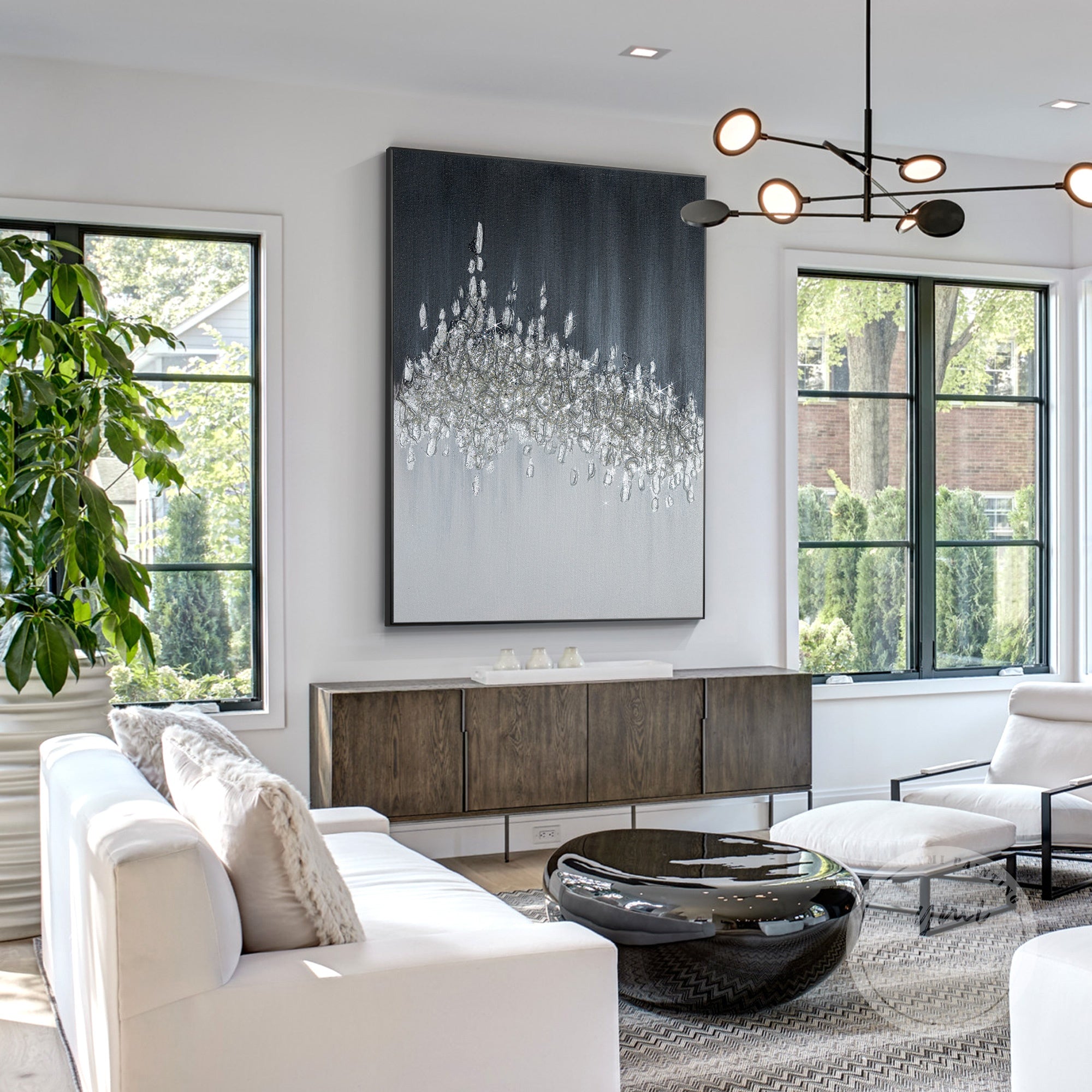 Textured glitter artwork in black and silver for minimalist glam decor.