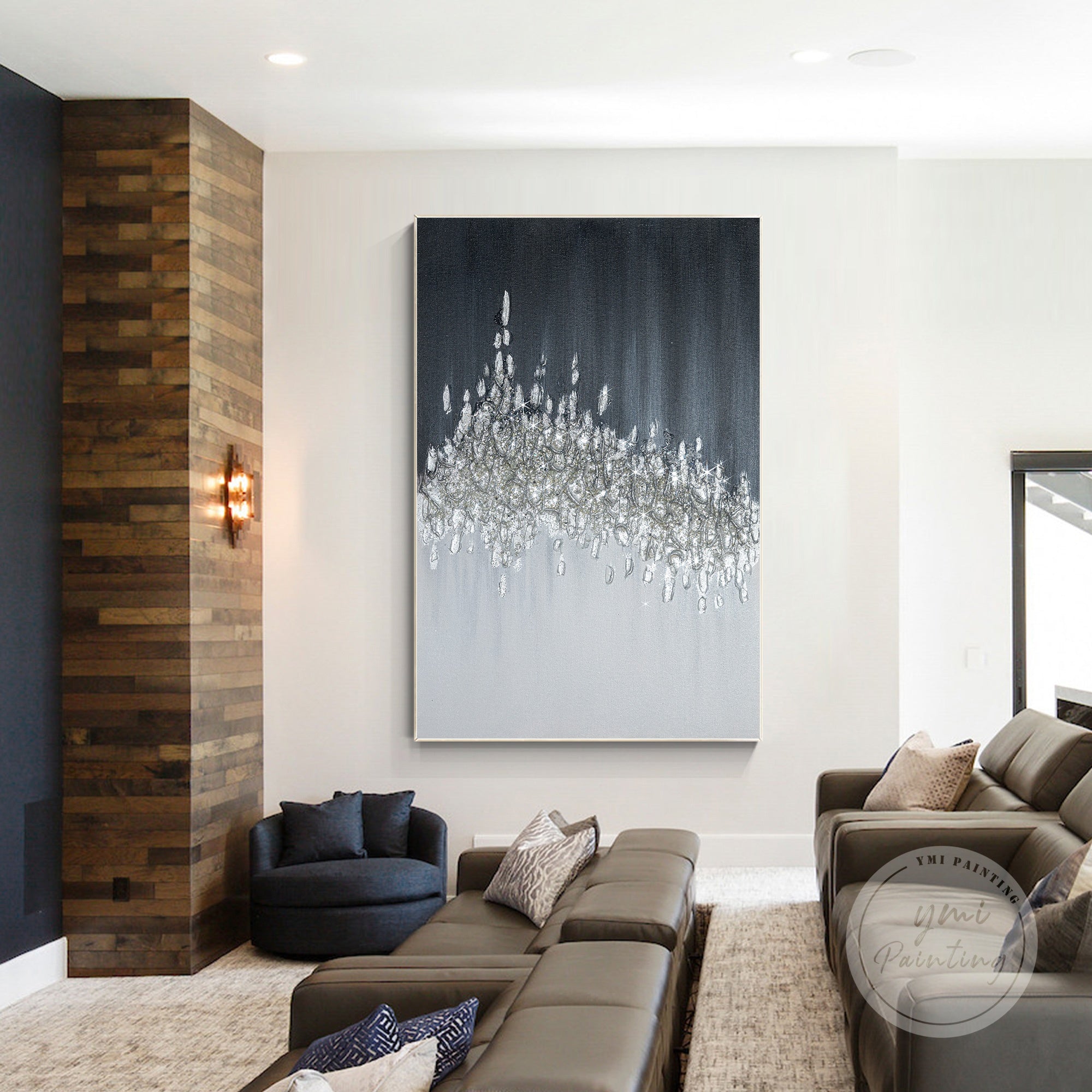 Crushed glass and glitter multi-layered painting in black and silver tones.