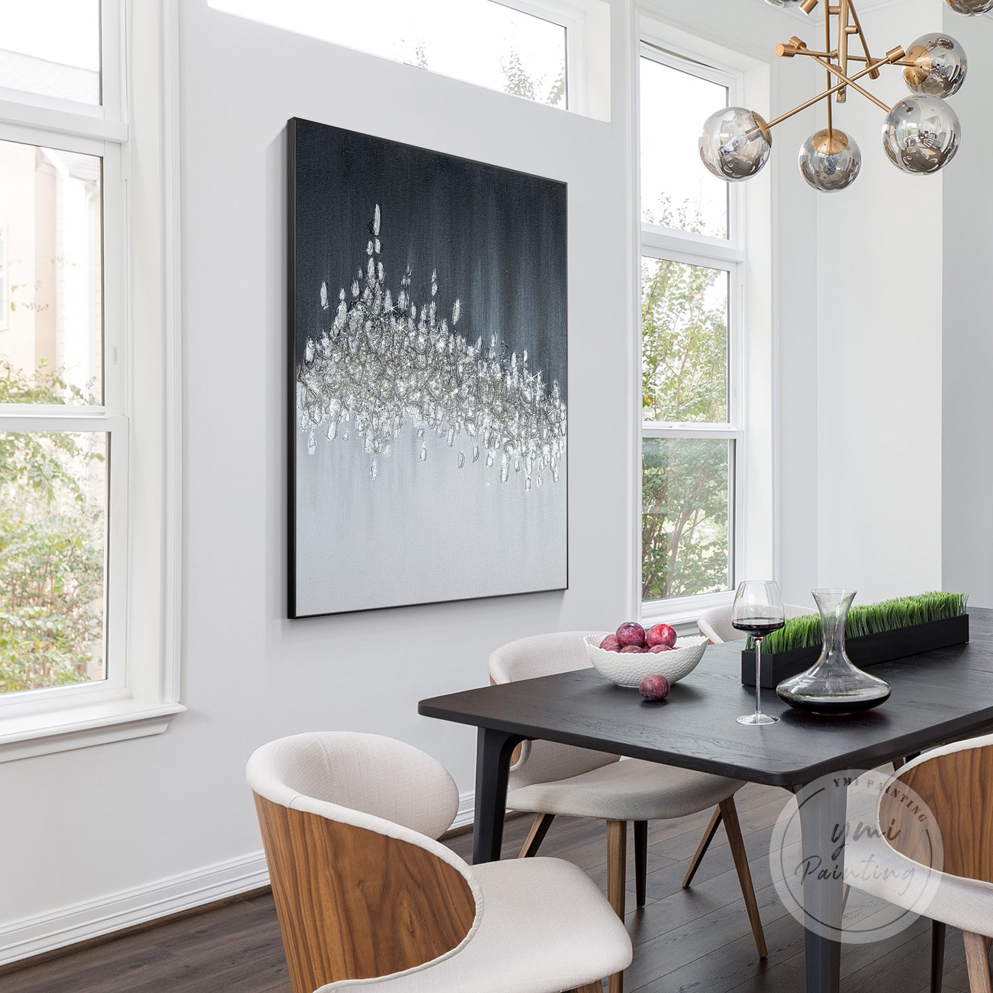 Large glam wall art combining crushed glass texture and sparkling glitter.