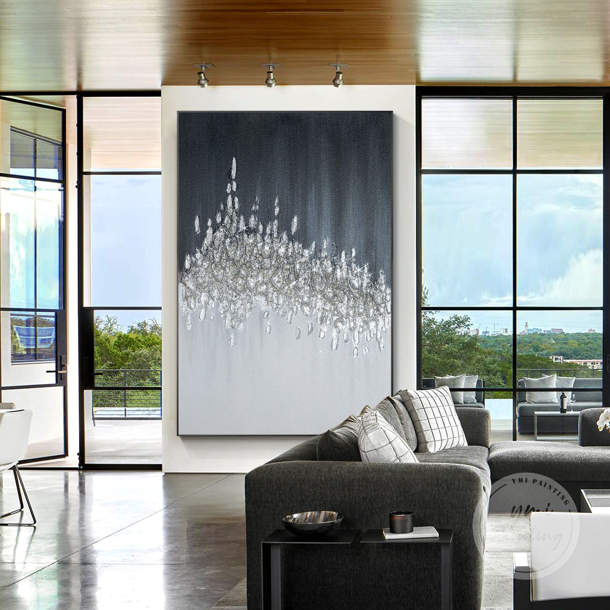 Black and silver glitter canvas painting with 3D crushed glass elements.