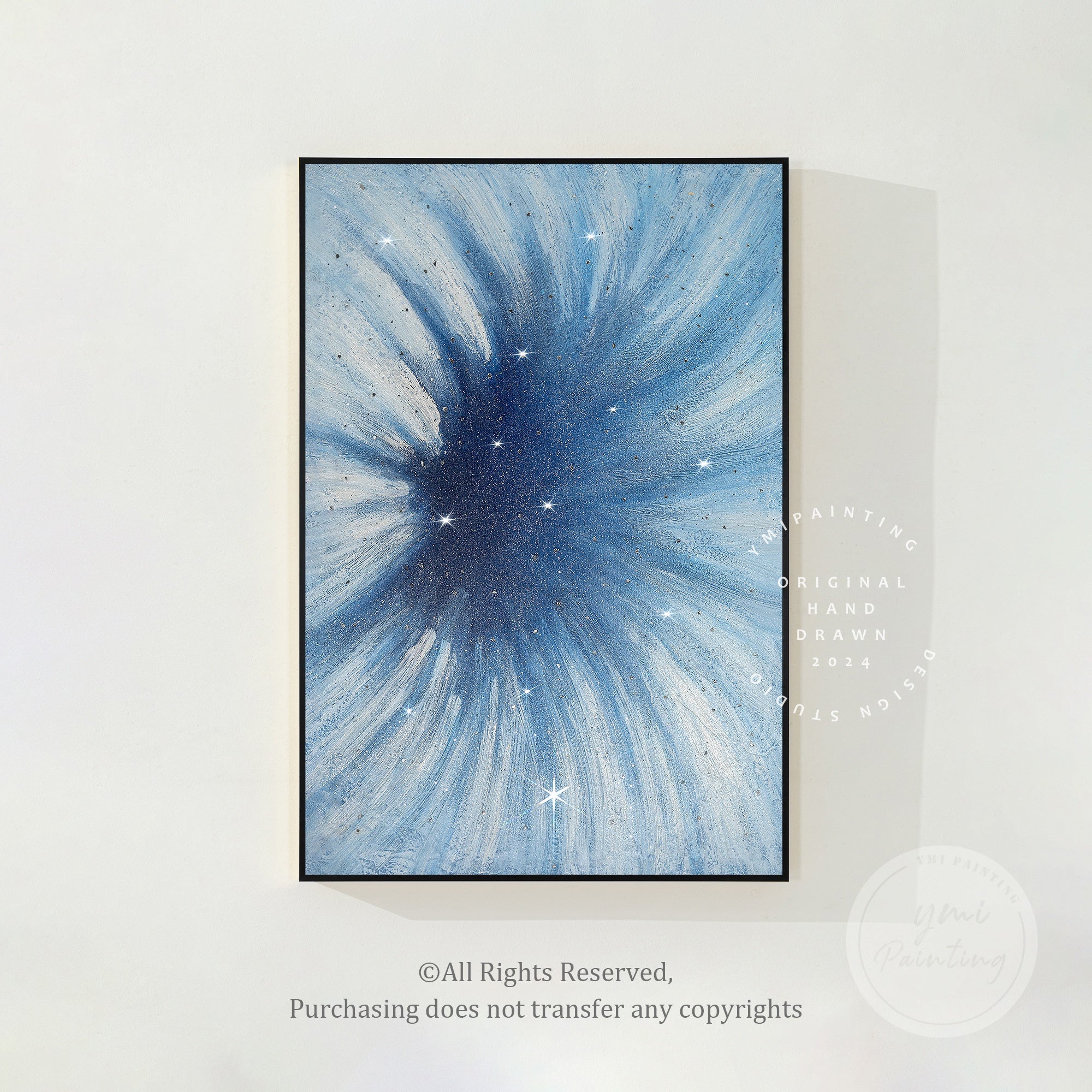 Blue flower crushed glass art with glitter and 3D texture hanging in a modern living room.