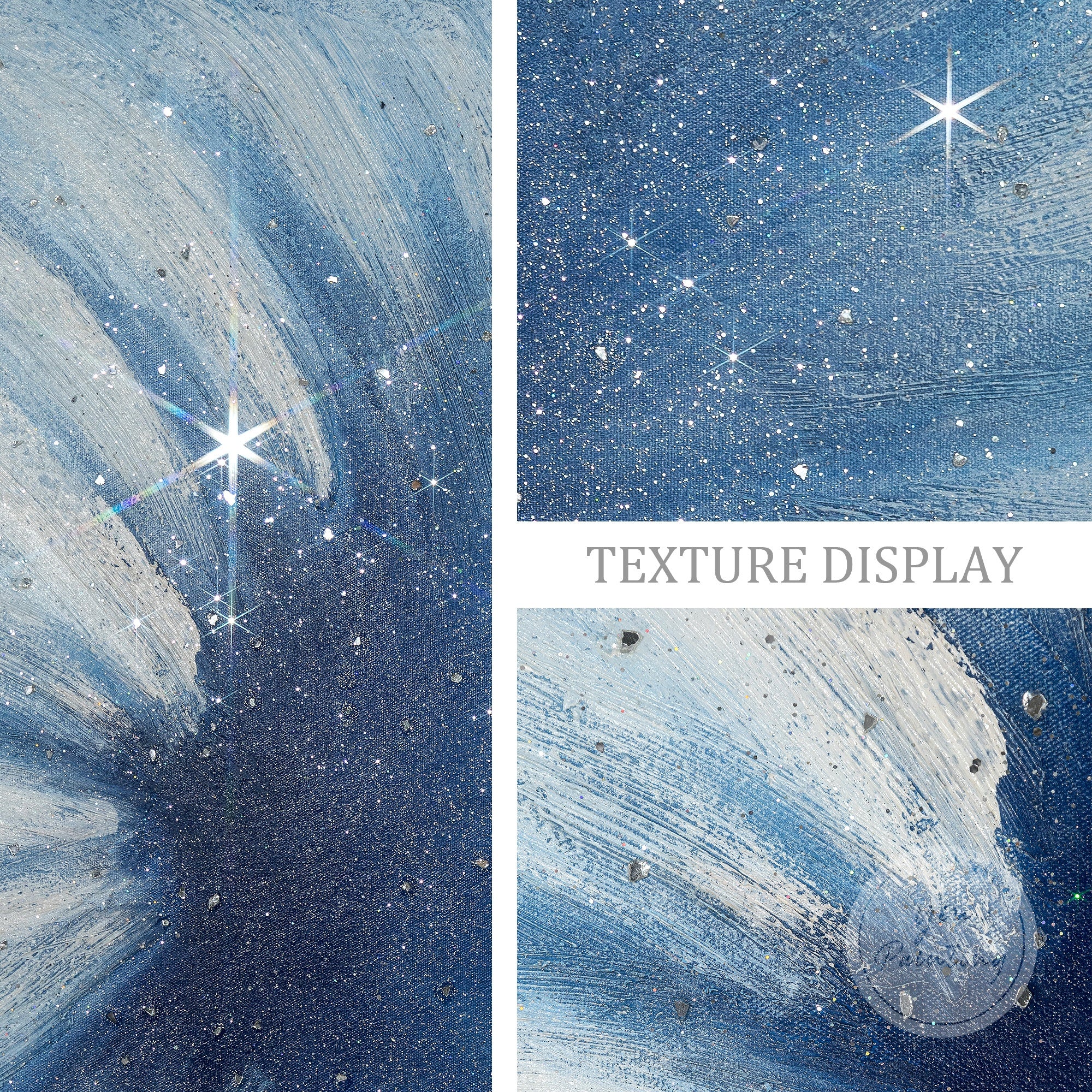 Original glitter canvas with crushed glass flower details installed in a chic bedroom.