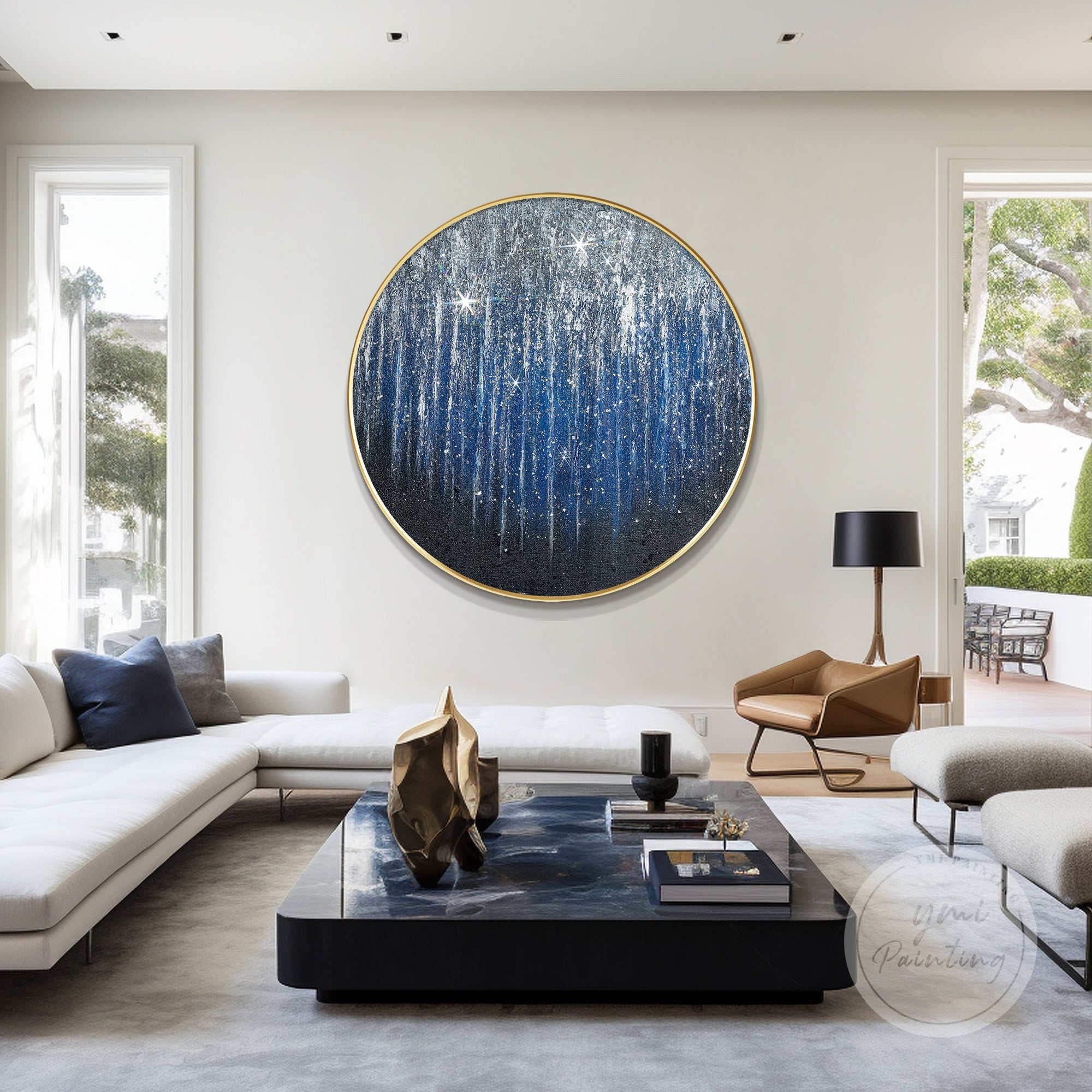 Circular starry night painting for bedroom wall, perfect galaxy decor for couples.