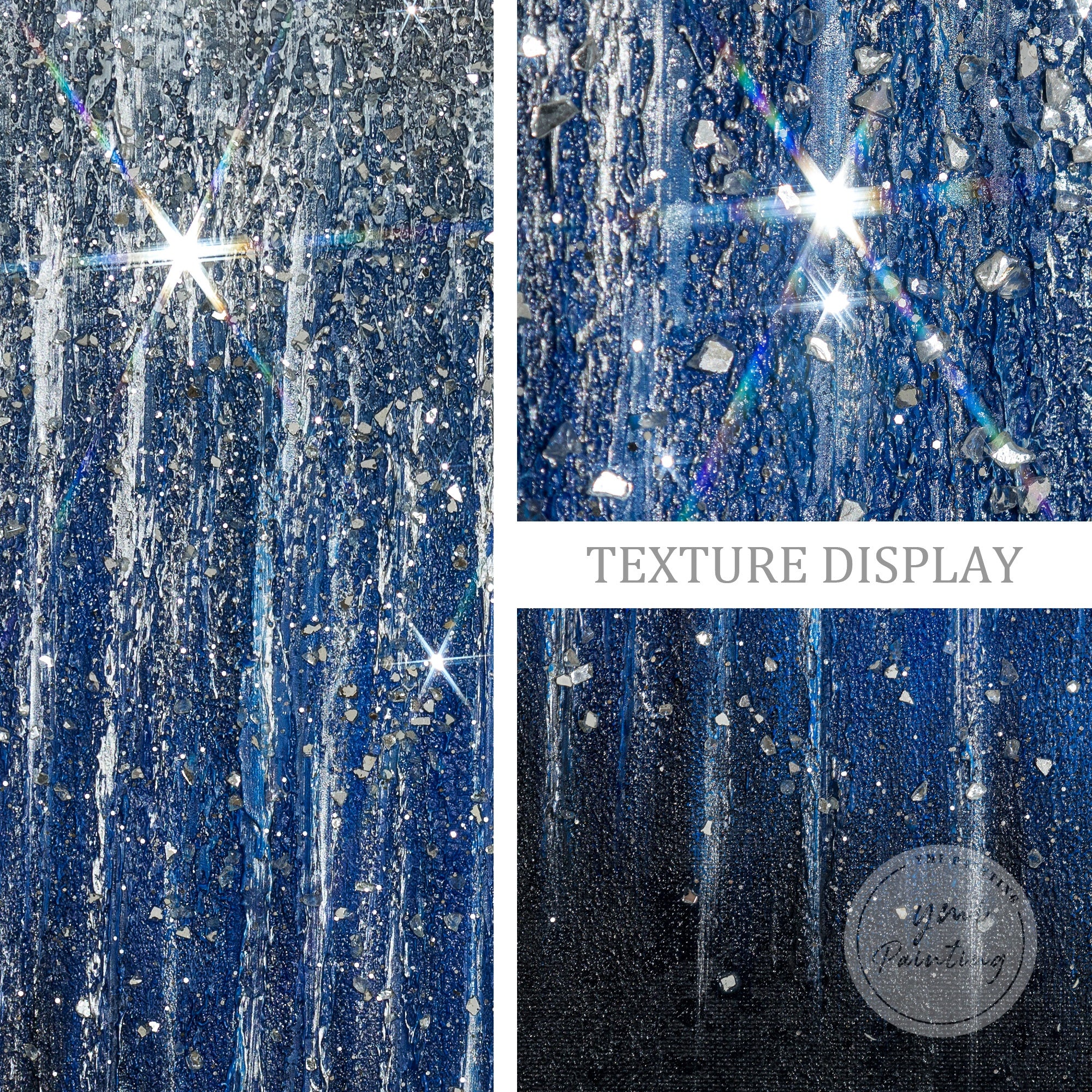 Handmade navy glitter wall art with silver accents, ideal hallway or entryway decoration.