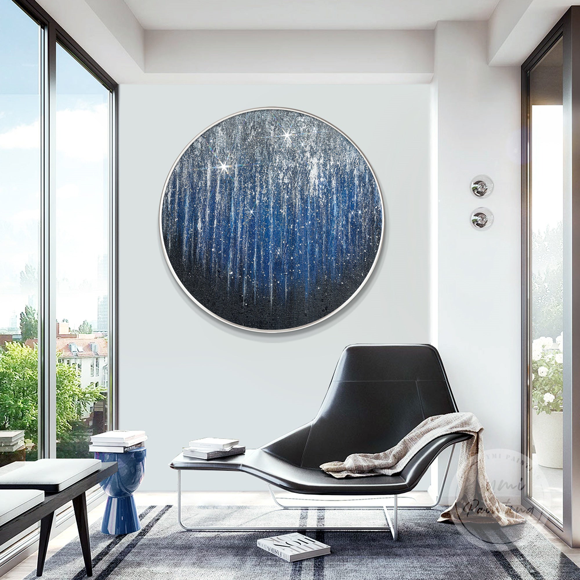 Original round cosmic glitter painting for office decor, a unique gift for astronomy lovers.