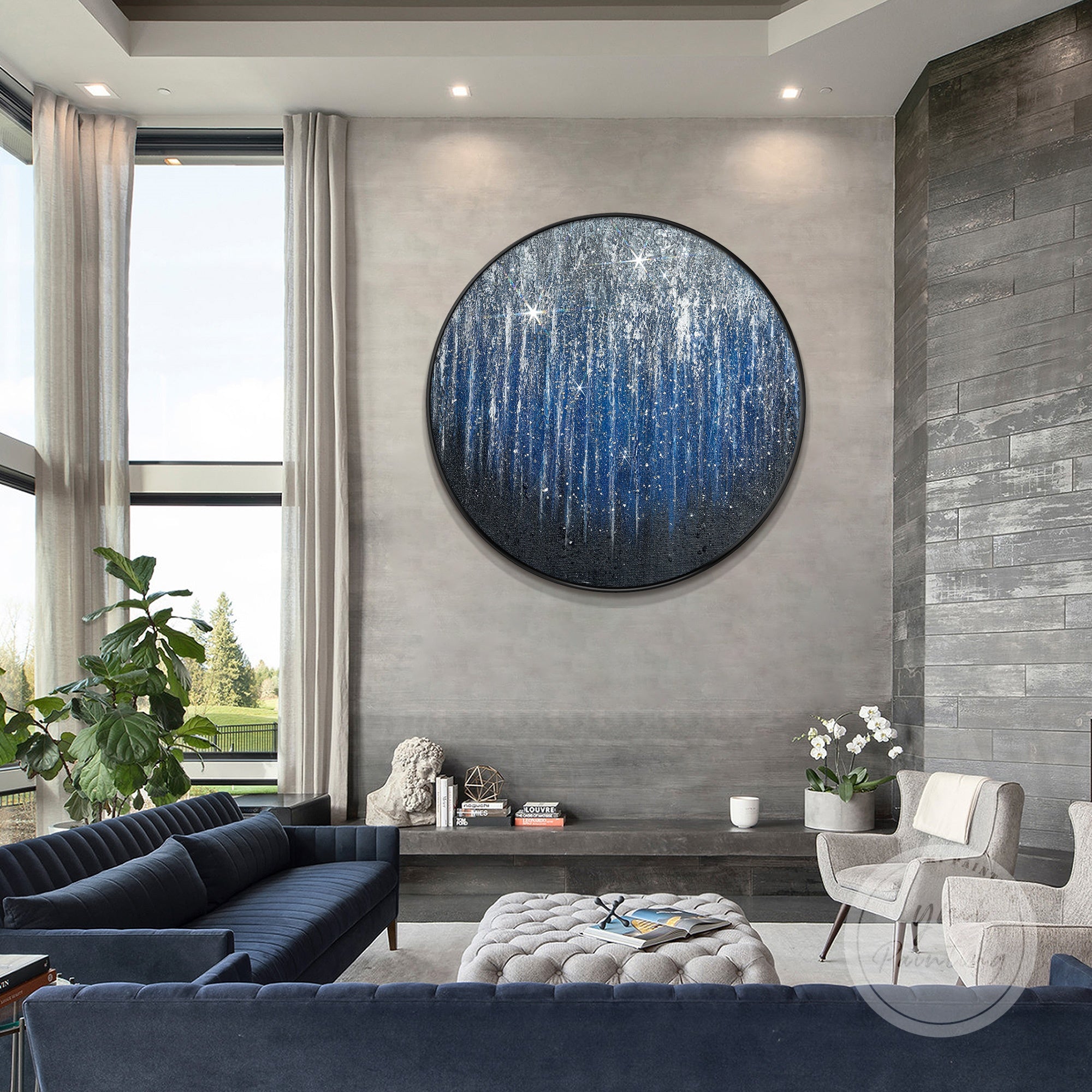 Deep blue and silver starry sky art for dining room wall, makes a great housewarming gift.