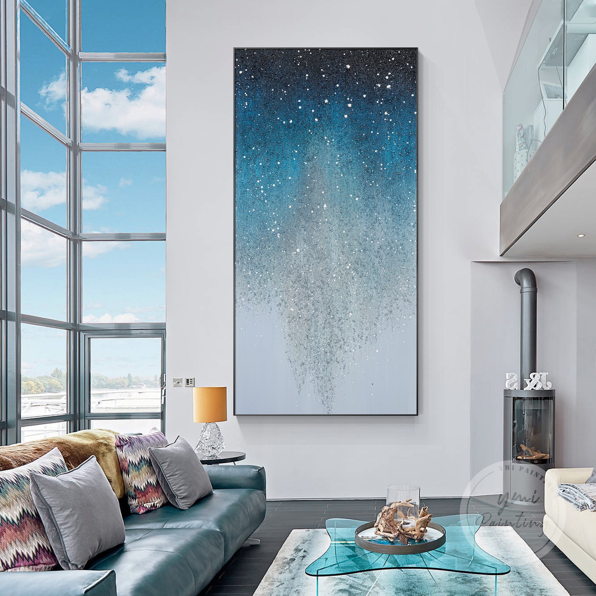 Colorful glitter painting featuring vibrant blues and silvers, perfect for modern glam decor.