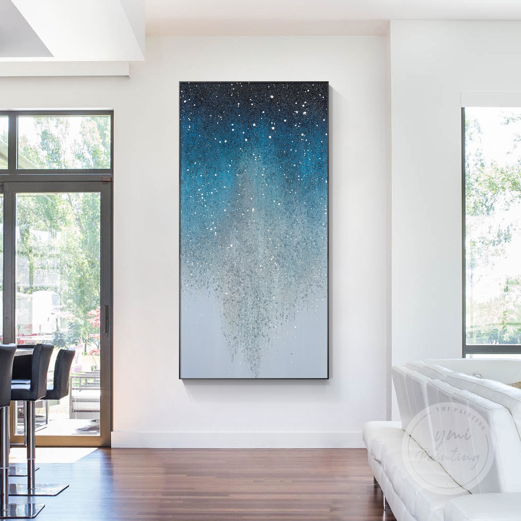 Large framed art piece combining navy, silver, and blue glitter tones for a luxurious wall focal point.