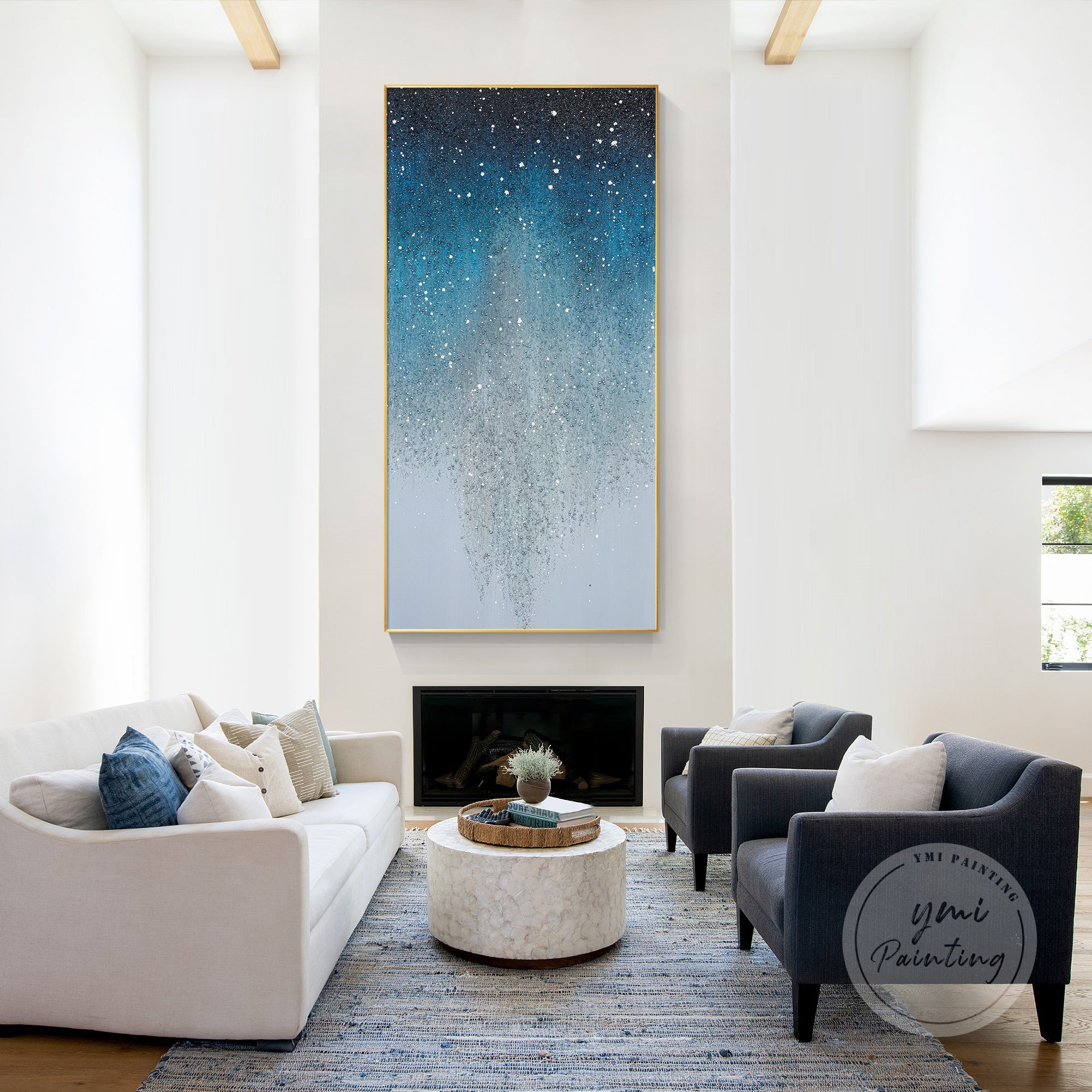 Blue silver glitter wall art with an abstract design, capturing light and enhancing contemporary spaces.