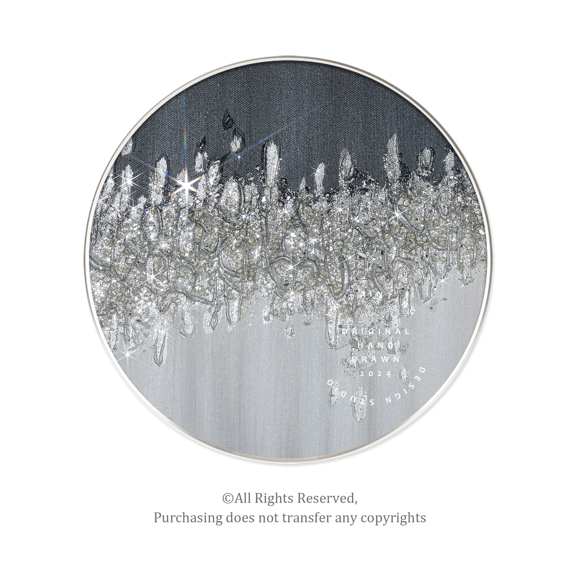 Original black and silver glitter wall art with rich crushed glass texture, creating a dramatic round design.