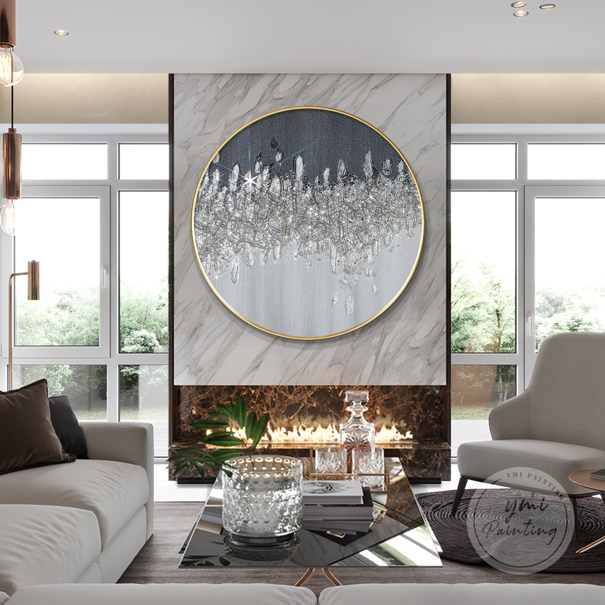 Silver wall decor with a textured round glitter design, adding elegance and depth to any space.