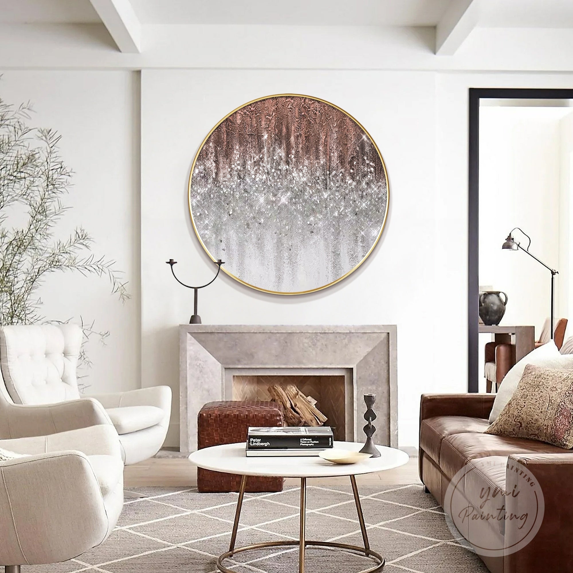 Round glitter painting featuring terracotta hues combined with shimmering silver accents for elegant decor.