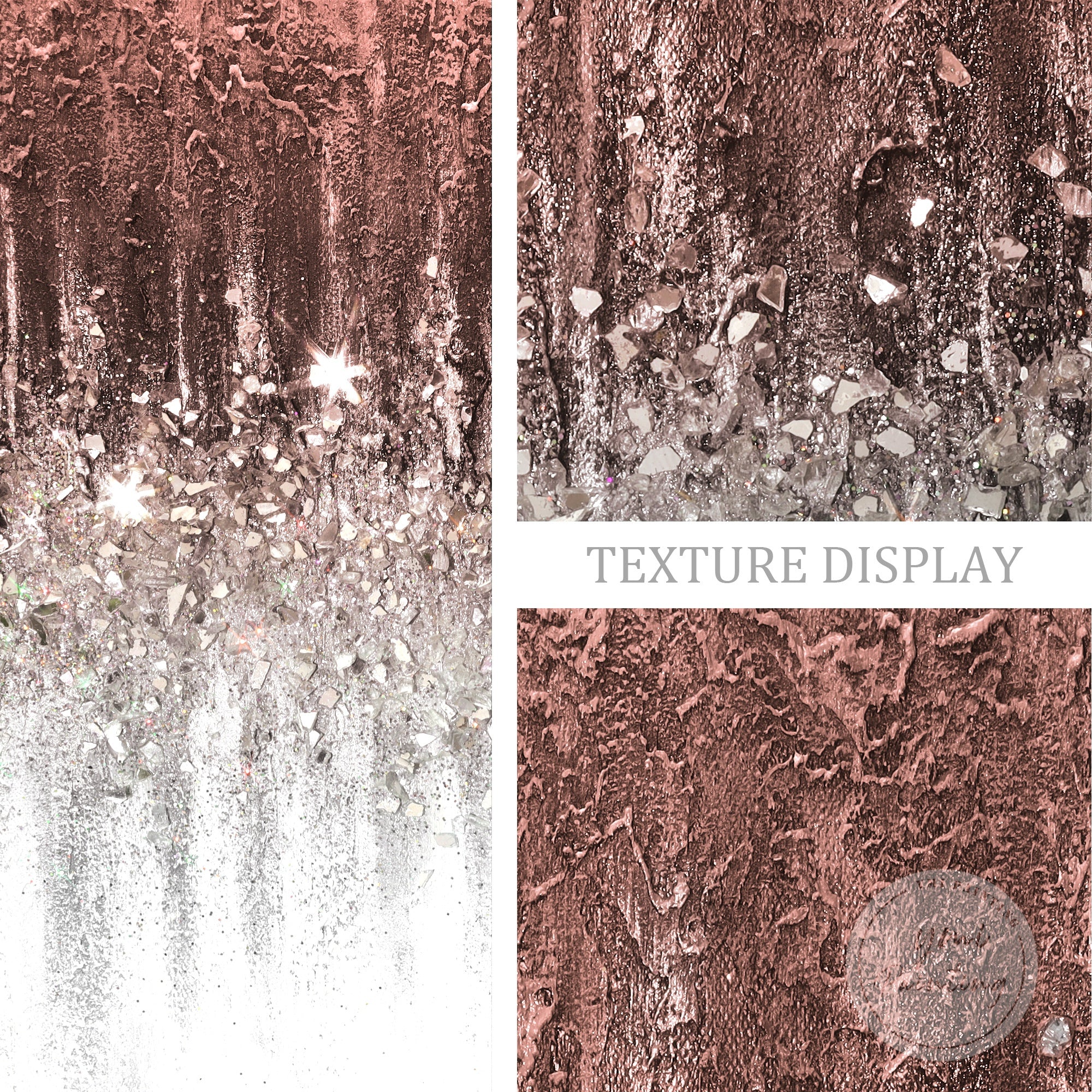 Large round wall art blending earthy terracotta colors with silver glitter for a modern glam look.