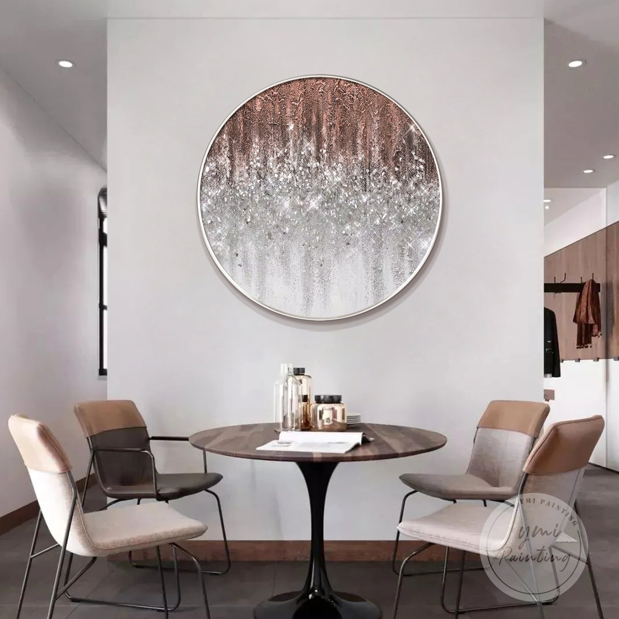 Textured silver glitter wall decor with warm terracotta base, perfect for adding warmth and sparkle.