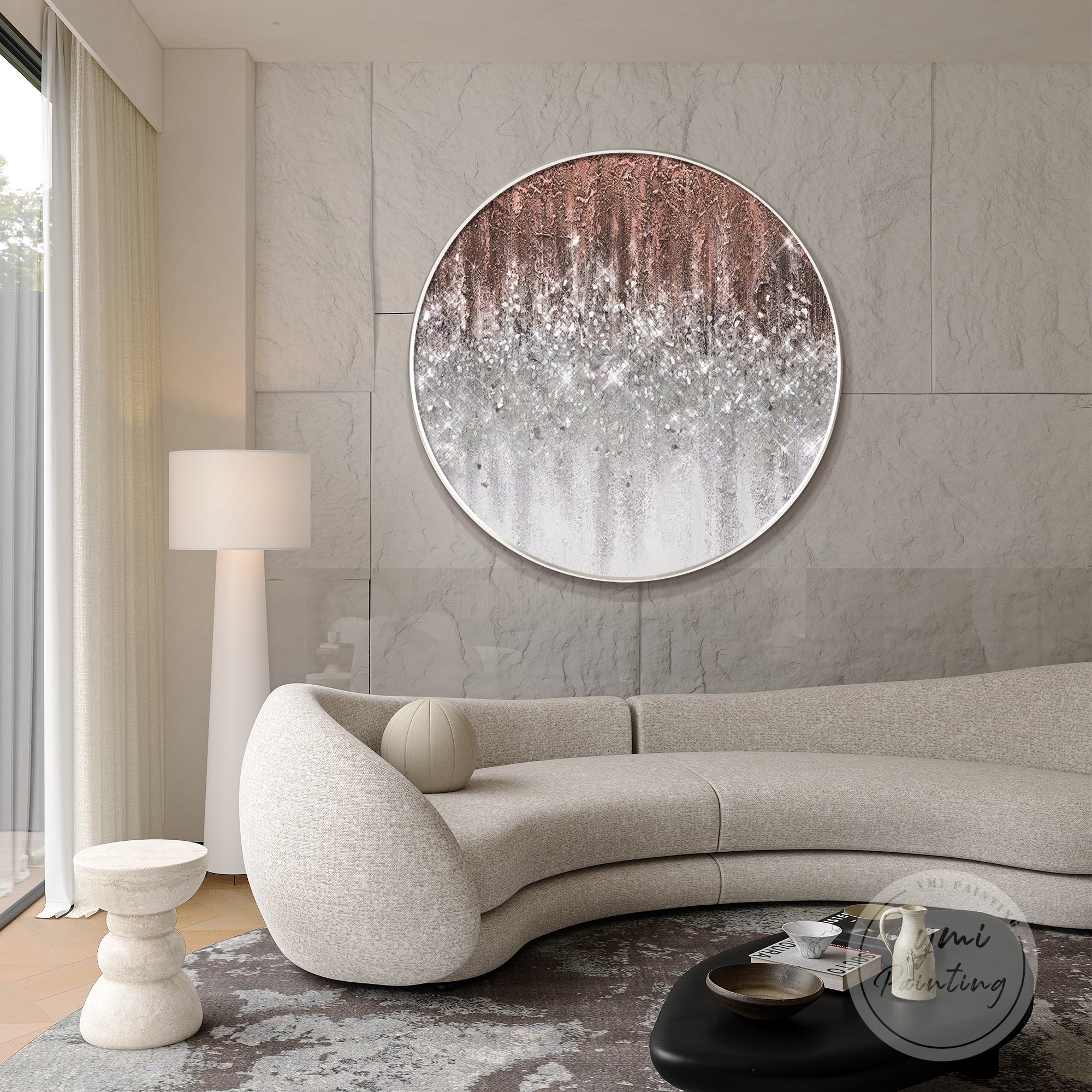 Earth tone abstract round painting with silver glitter highlights creating depth and shine.