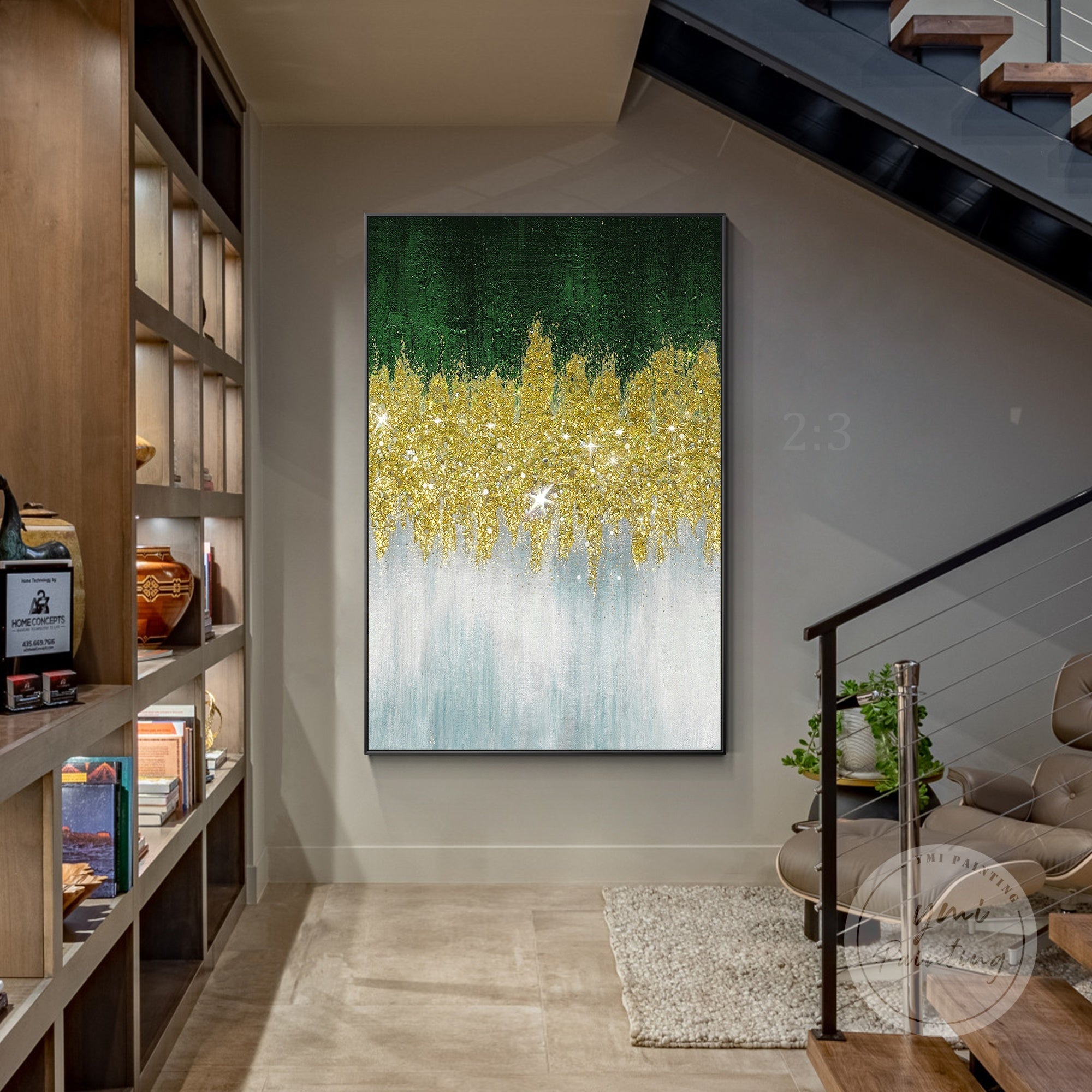 Vertical glitter wall art in dark green tones with crushed glass and gold accents.