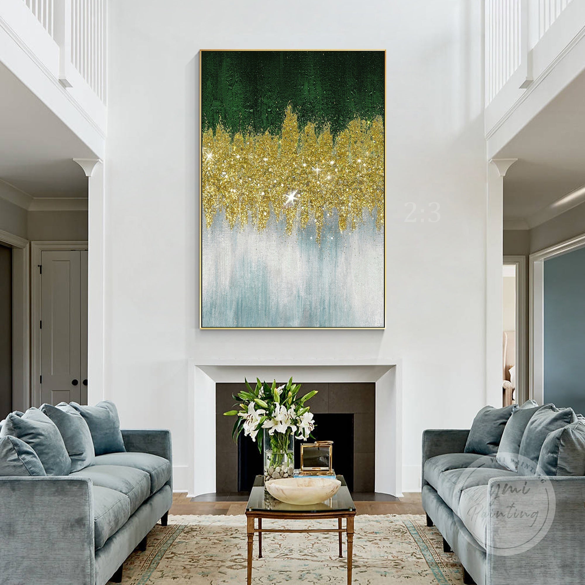 Textured green and gold wall art with shimmering glass pieces and rich dimension.
