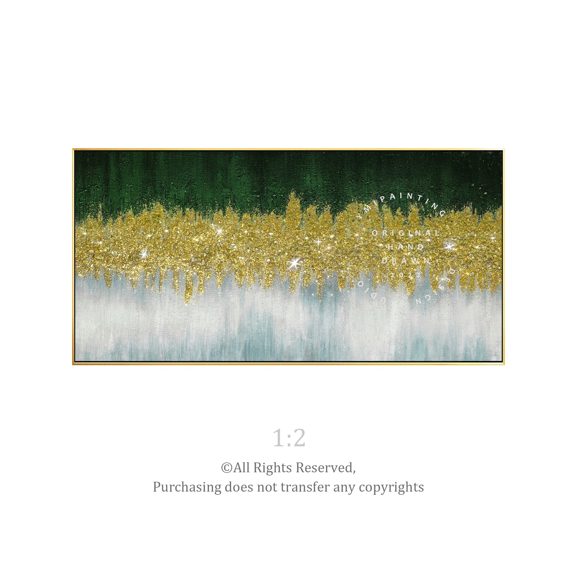 Original horizontal glitter wall art with dark green tones and crushed glass highlights, ideal for glam interiors.