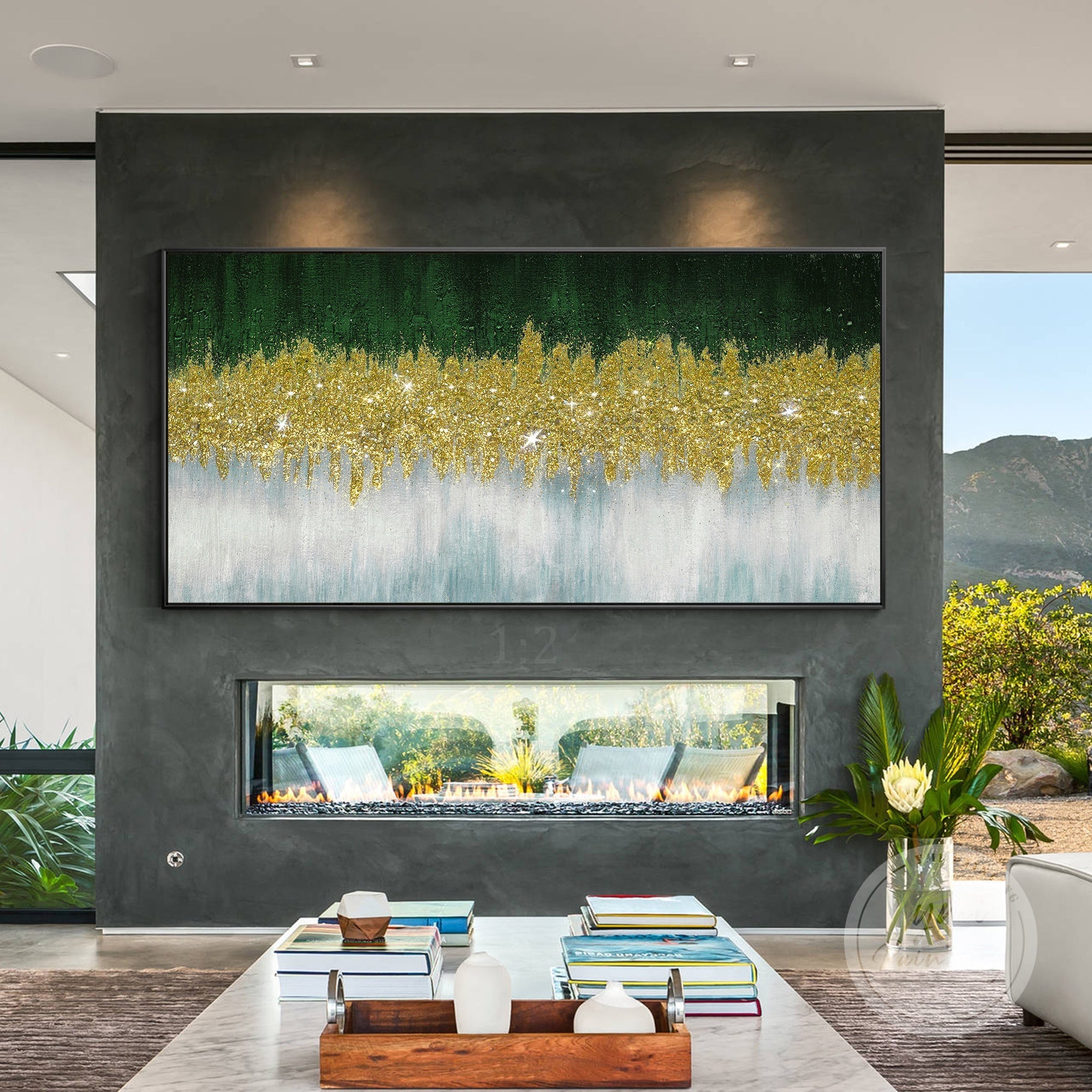 Original horizontal glitter wall art with dark green tones and crushed glass highlights, ideal for glam interiors.