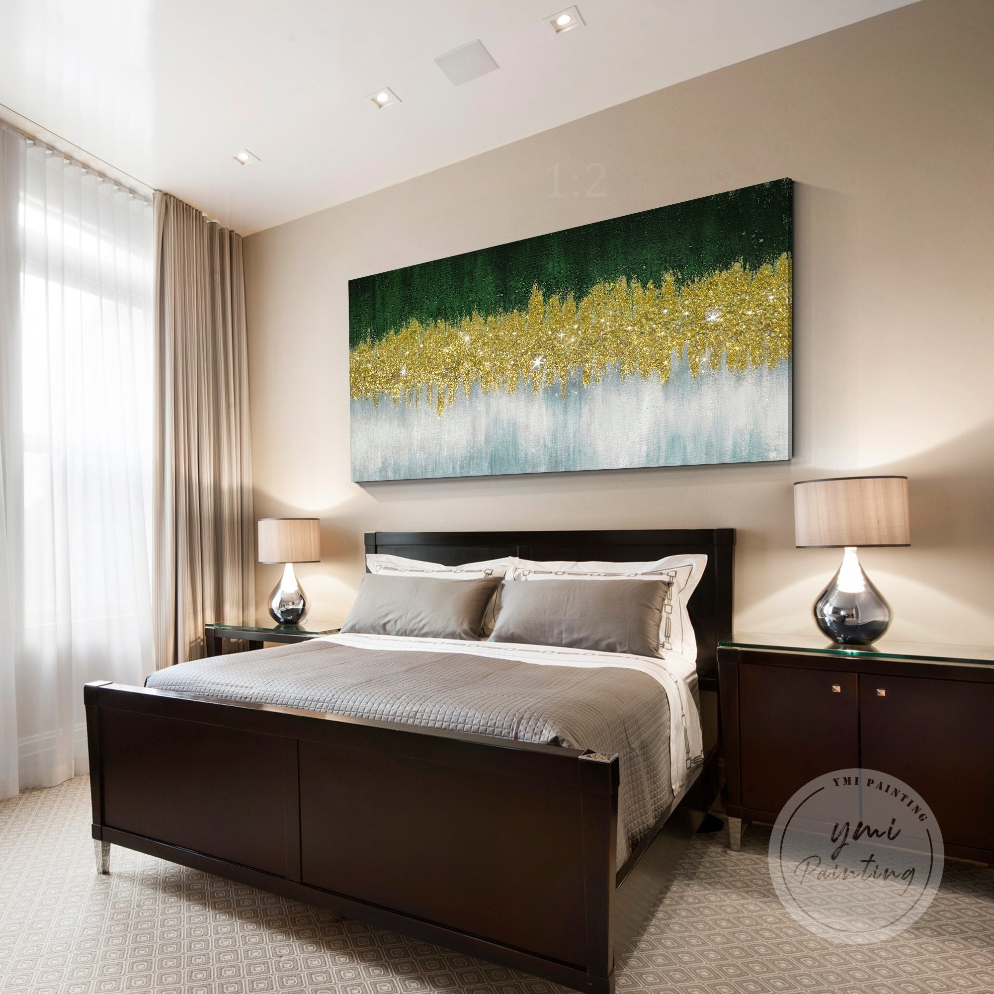 Hand-painted glitter art featuring gold shimmer and textured glass, perfect for modern home decor.