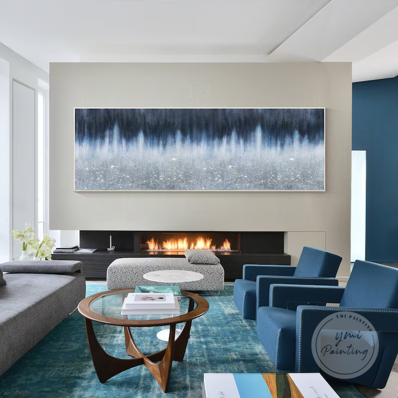 Horizontal Navy Blue Glitter Wall Art with crushed glass and silver sparkle, adding elegance and glamour to modern interiors.