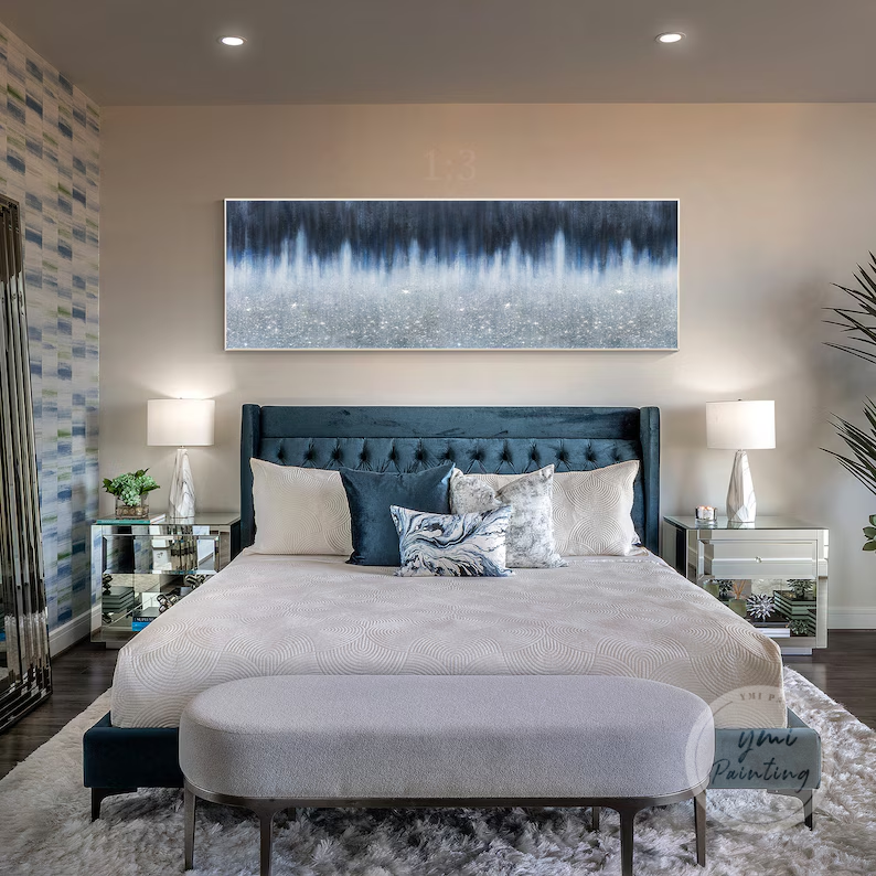 Unique Long Glitter Painting with deep blue tones and shimmering textures, perfect for living rooms or hallways.