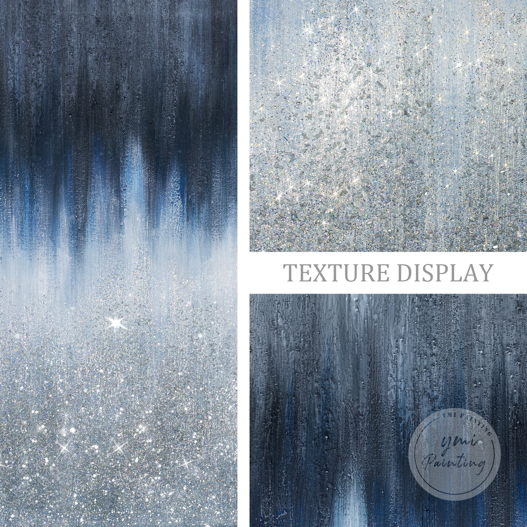 Abstract Crushed Glass Wall Art in navy and silver, featuring bold horizontal layout and glam design.