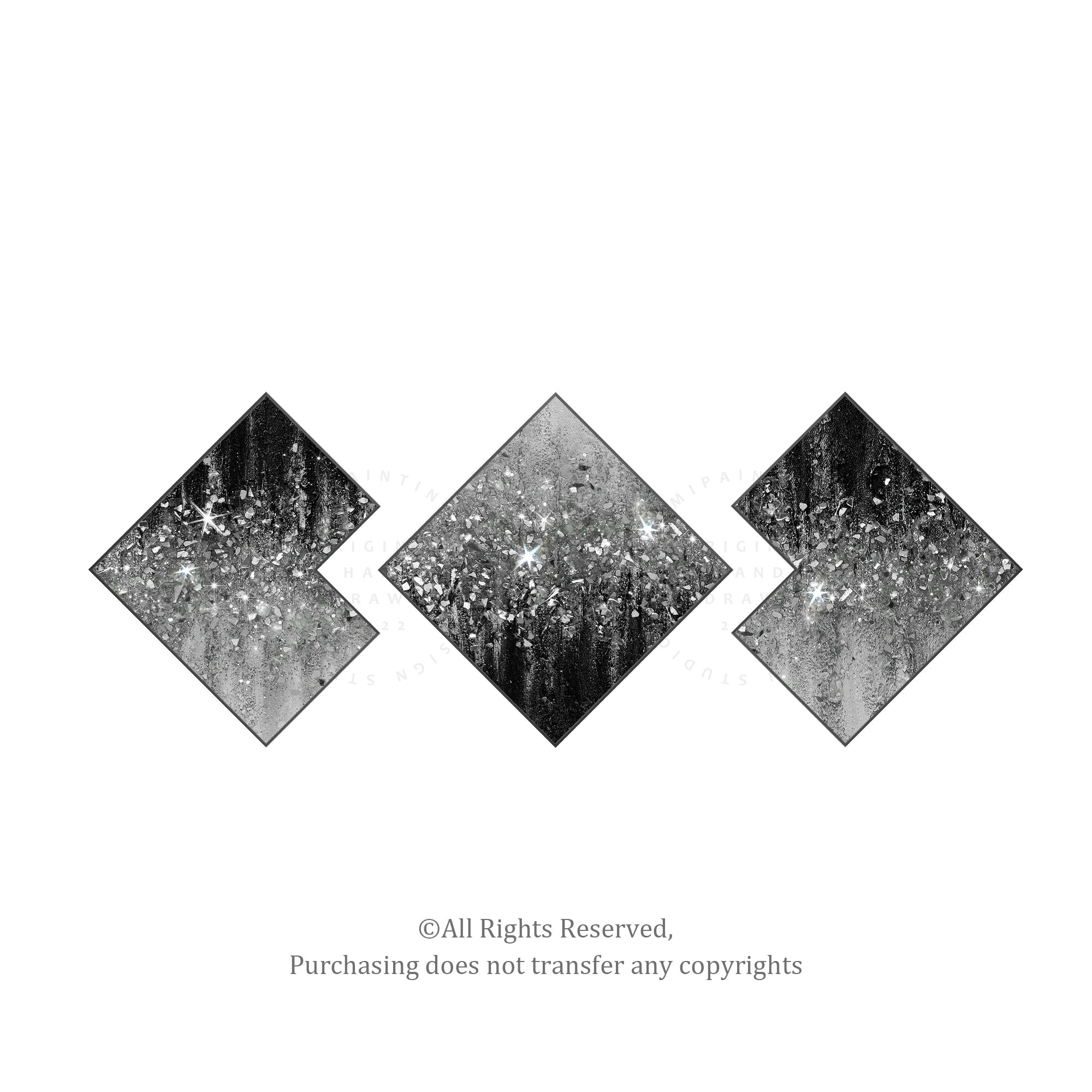 Original set of 3 crushed glass black and white wall art with silver glitter accents, perfect for modern interiors.