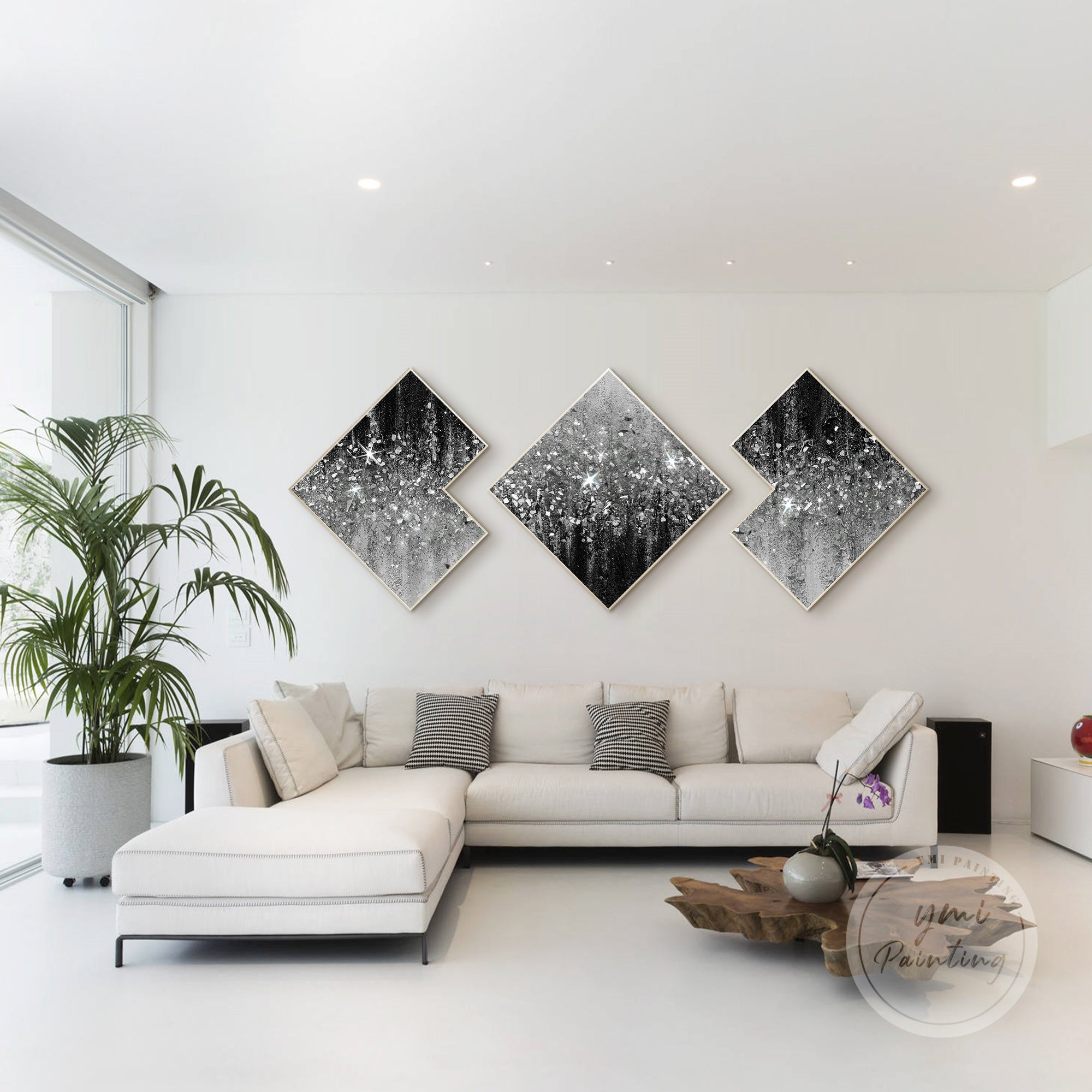 Textured black and white painting set featuring crushed glass and shimmering silver glitter for a chic look.