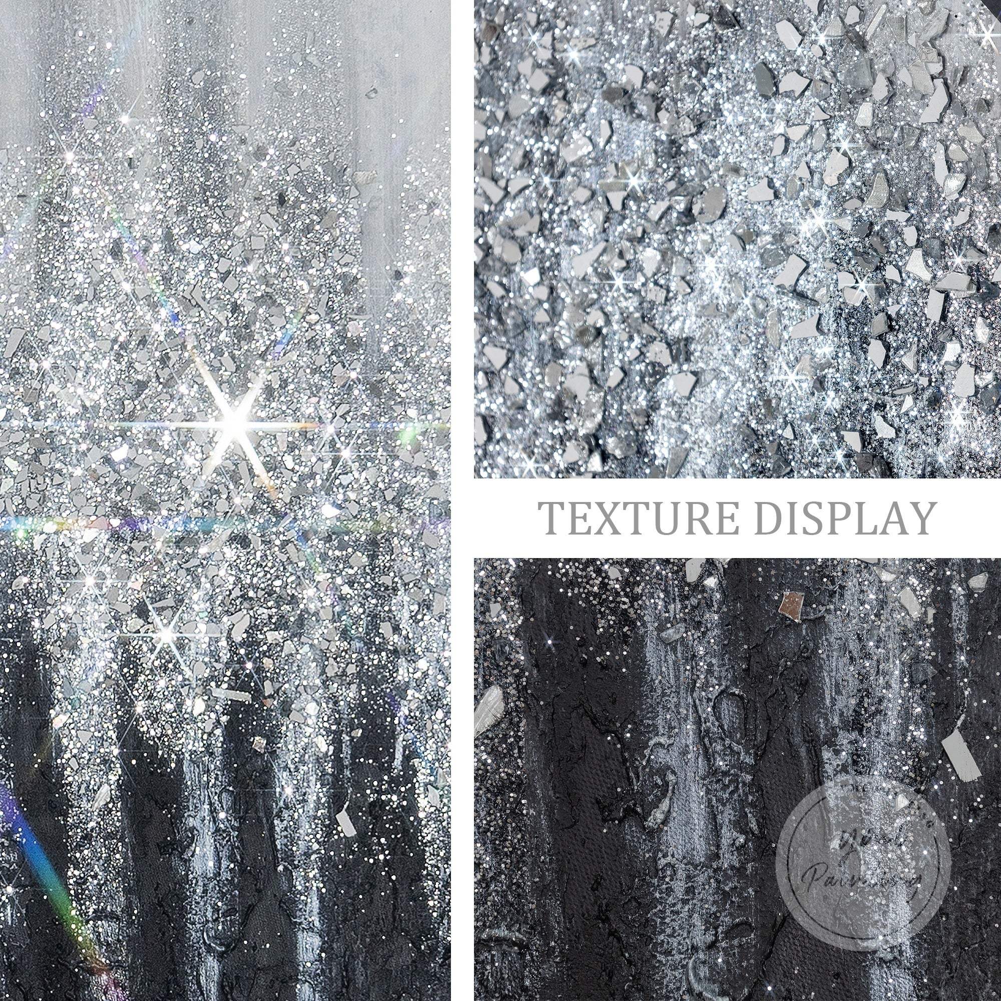 Framed black and white glitter wall art trio with crushed glass texture, ideal for adding elegance to any room.