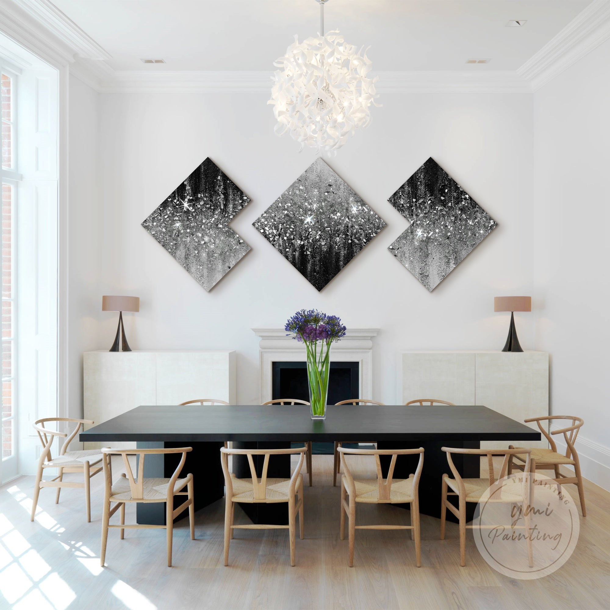 Minimalist crushed glass glitter paintings in black and white, designed to enhance contemporary home décor.
