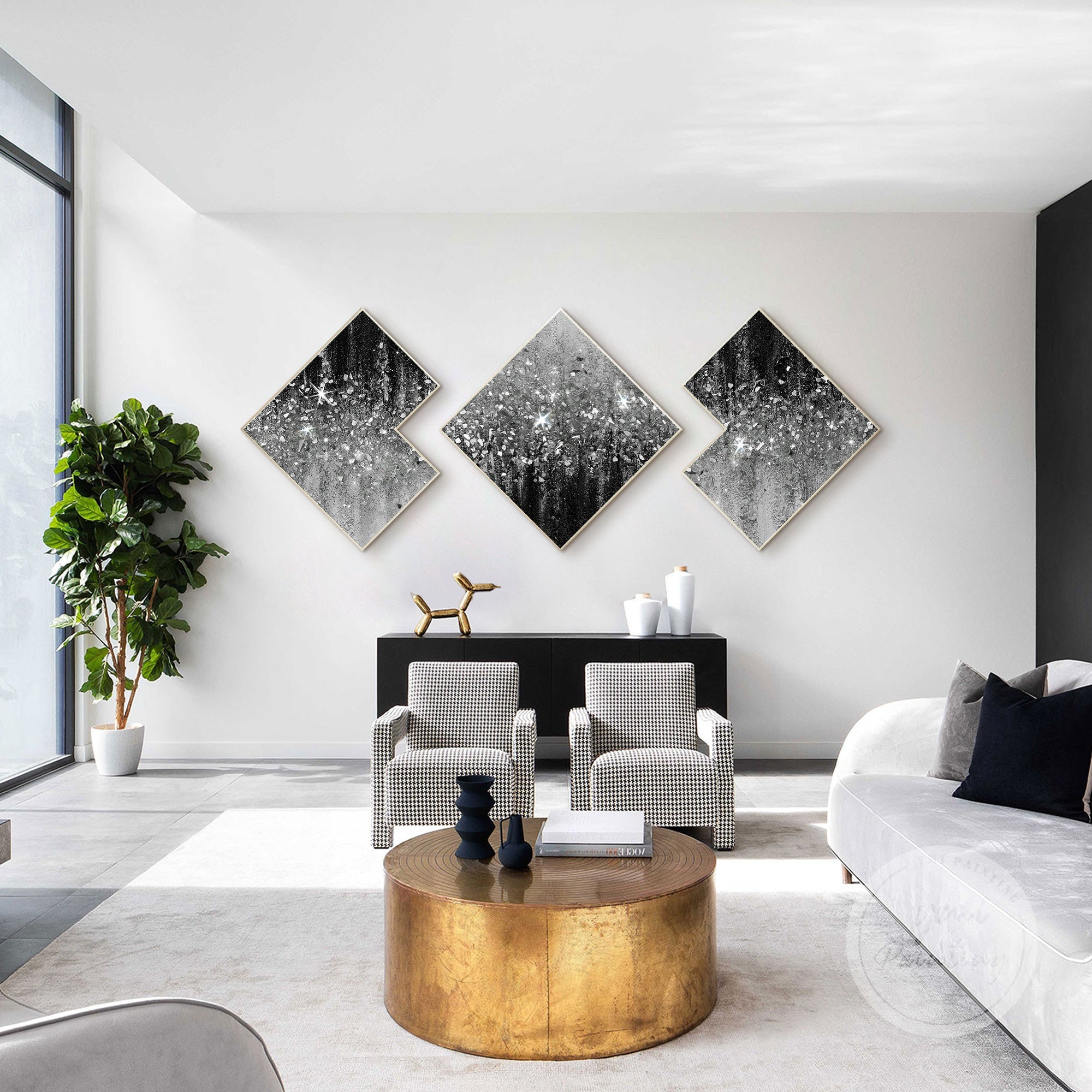 Set of three textured black and white wall art pieces with silver glitter highlights and crushed glass effects.