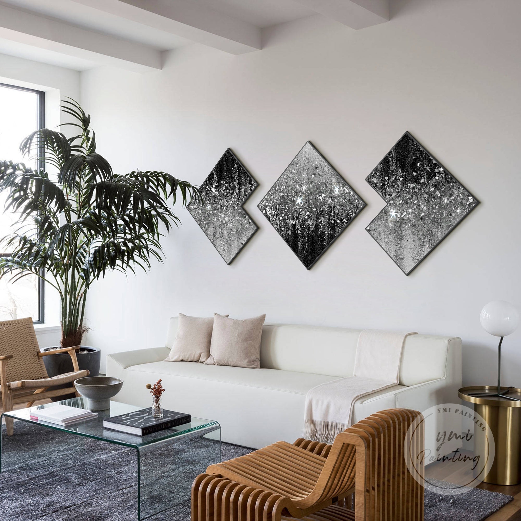 Modern black and white glitter wall art with crushed glass texture, perfect for living rooms or offices.