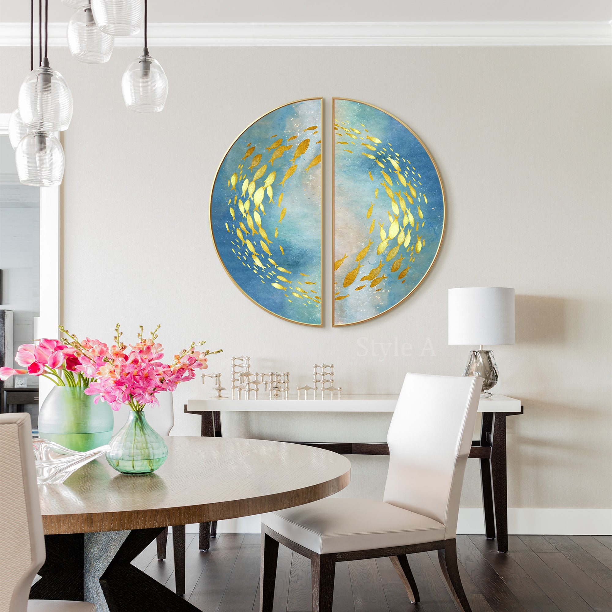 Gold fish abstract wall art set of 2 with blue teal orange gradient