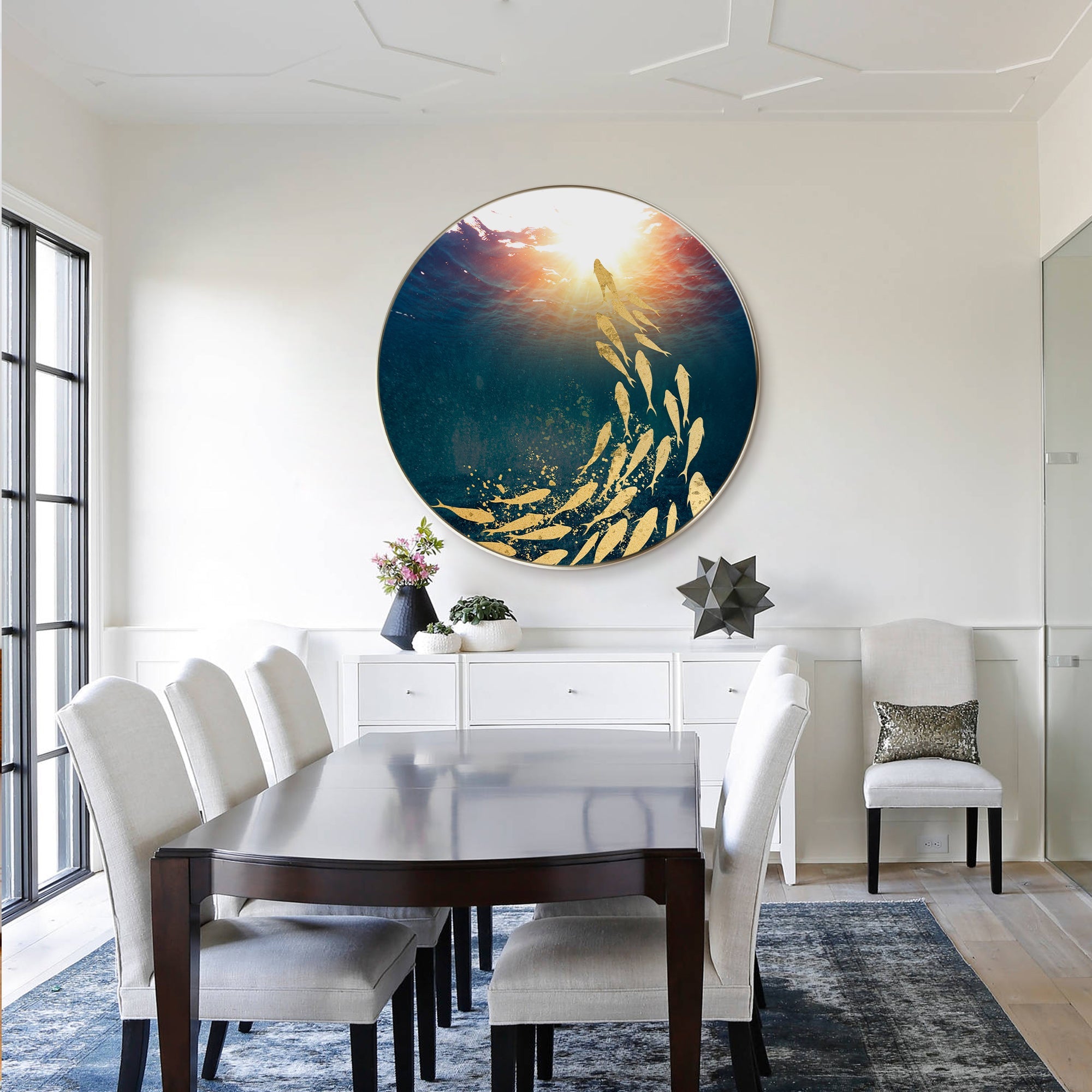 Gold fish wall art with textured wave surface in a minimalist living room