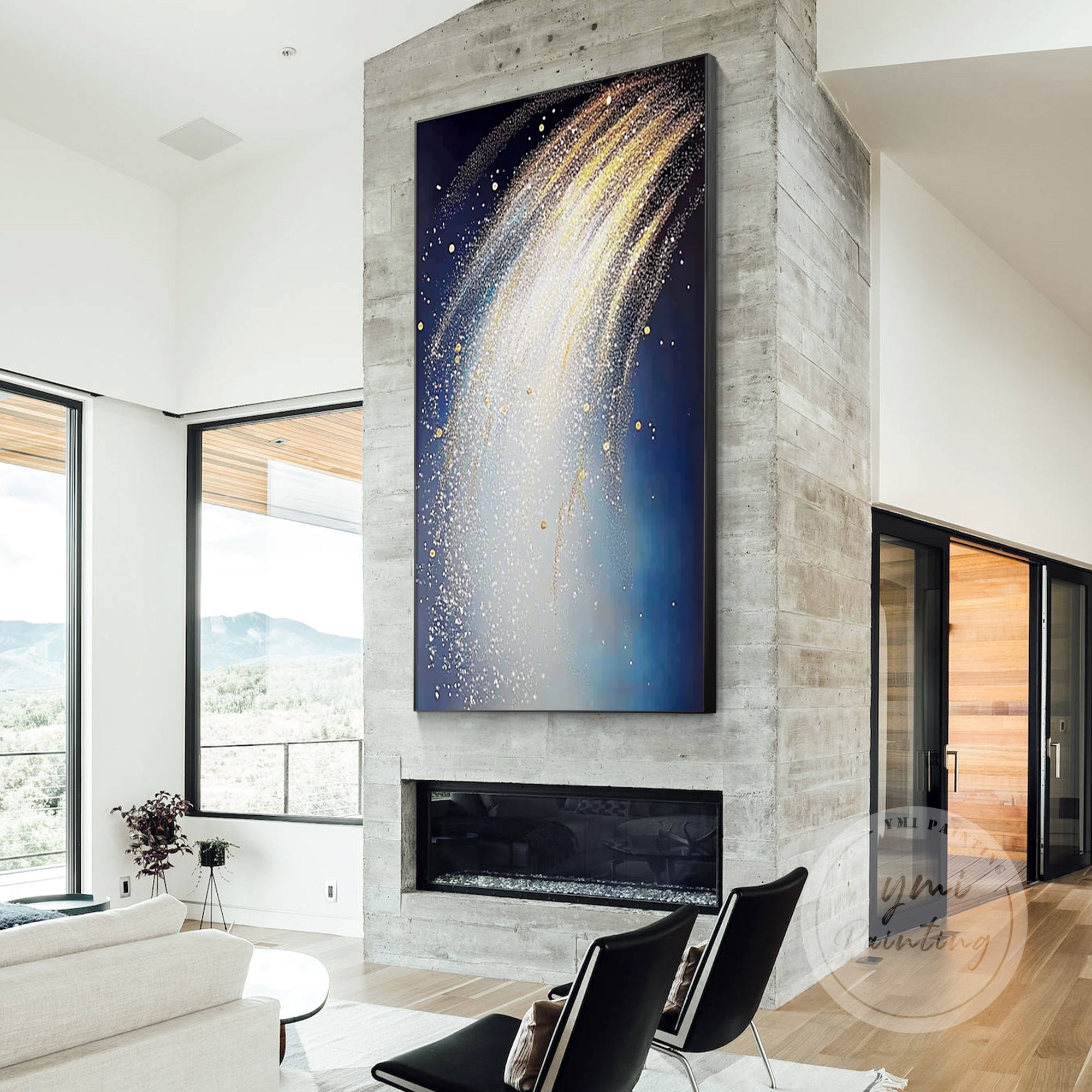 Dreamy abstract painting with gold powder and glitter.