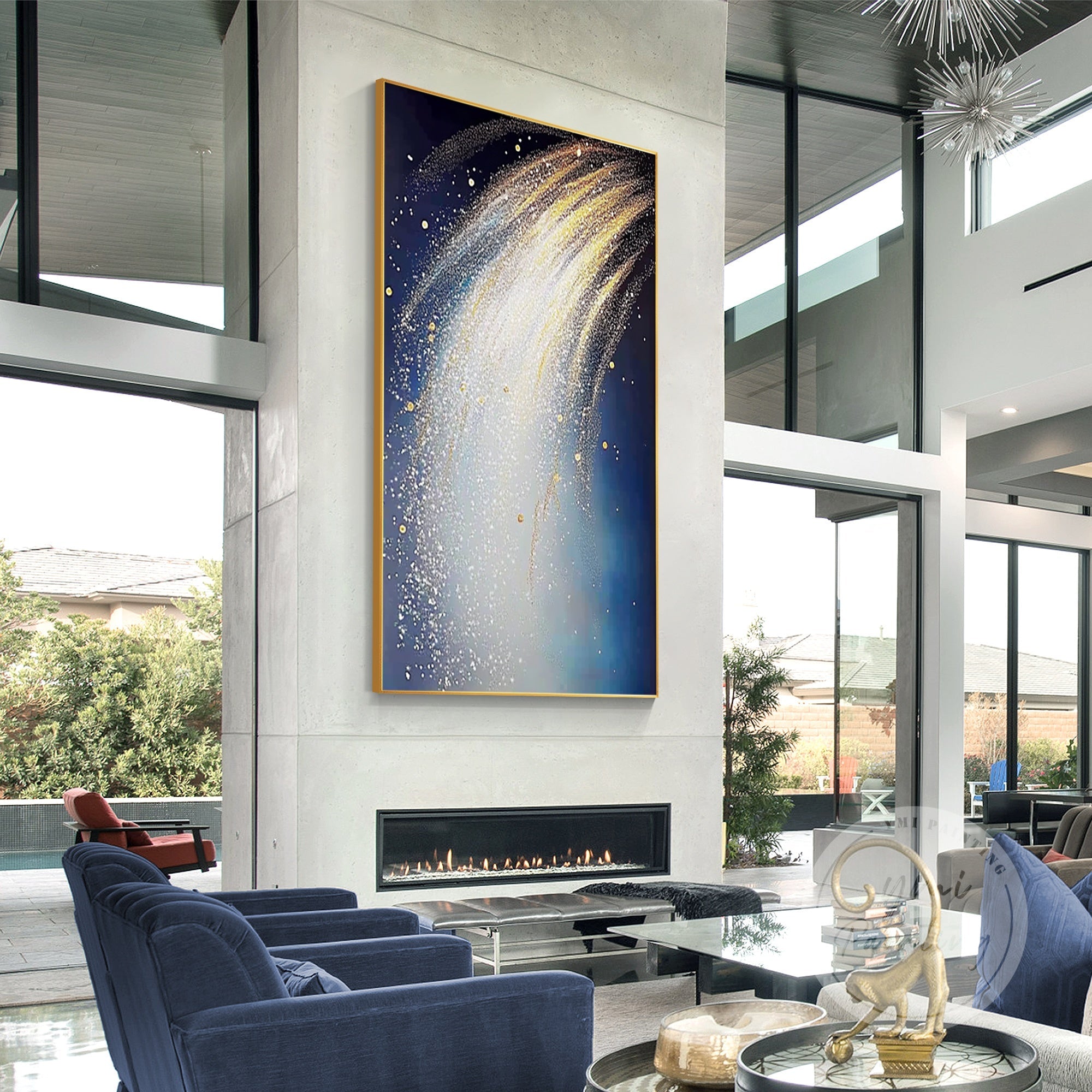 Dynamic glittering artwork evoking fireworks in the night sky in a golden frame.