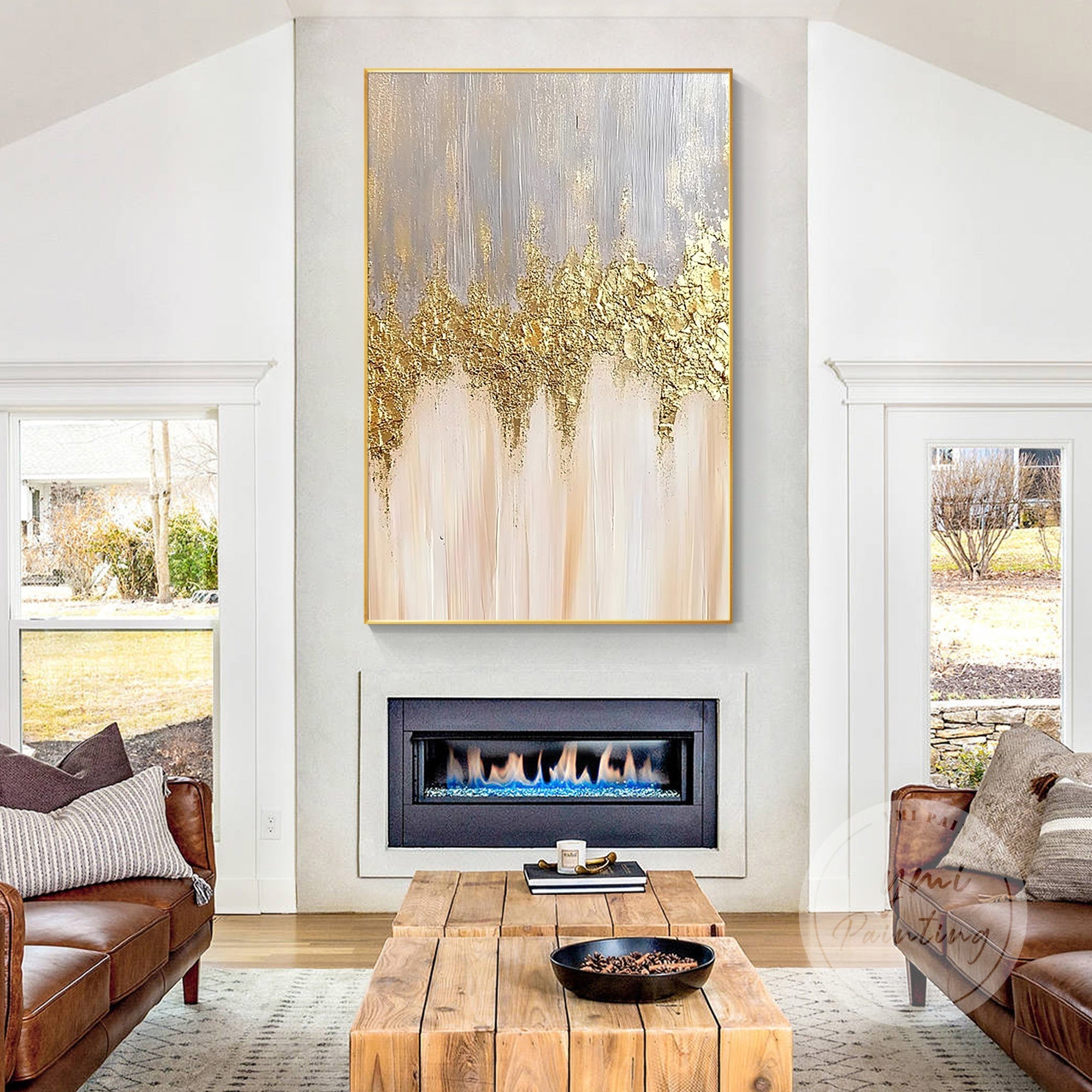 Neutral luxury wall art with shimmering gold accents.
