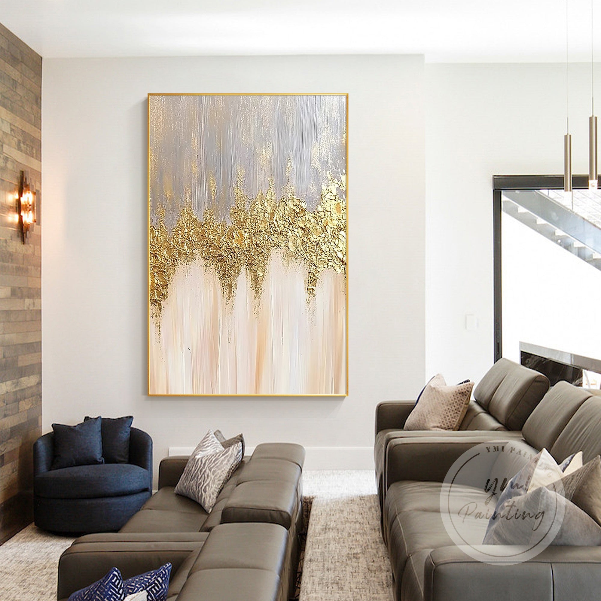 Textured gold painting with soft neutral tones.