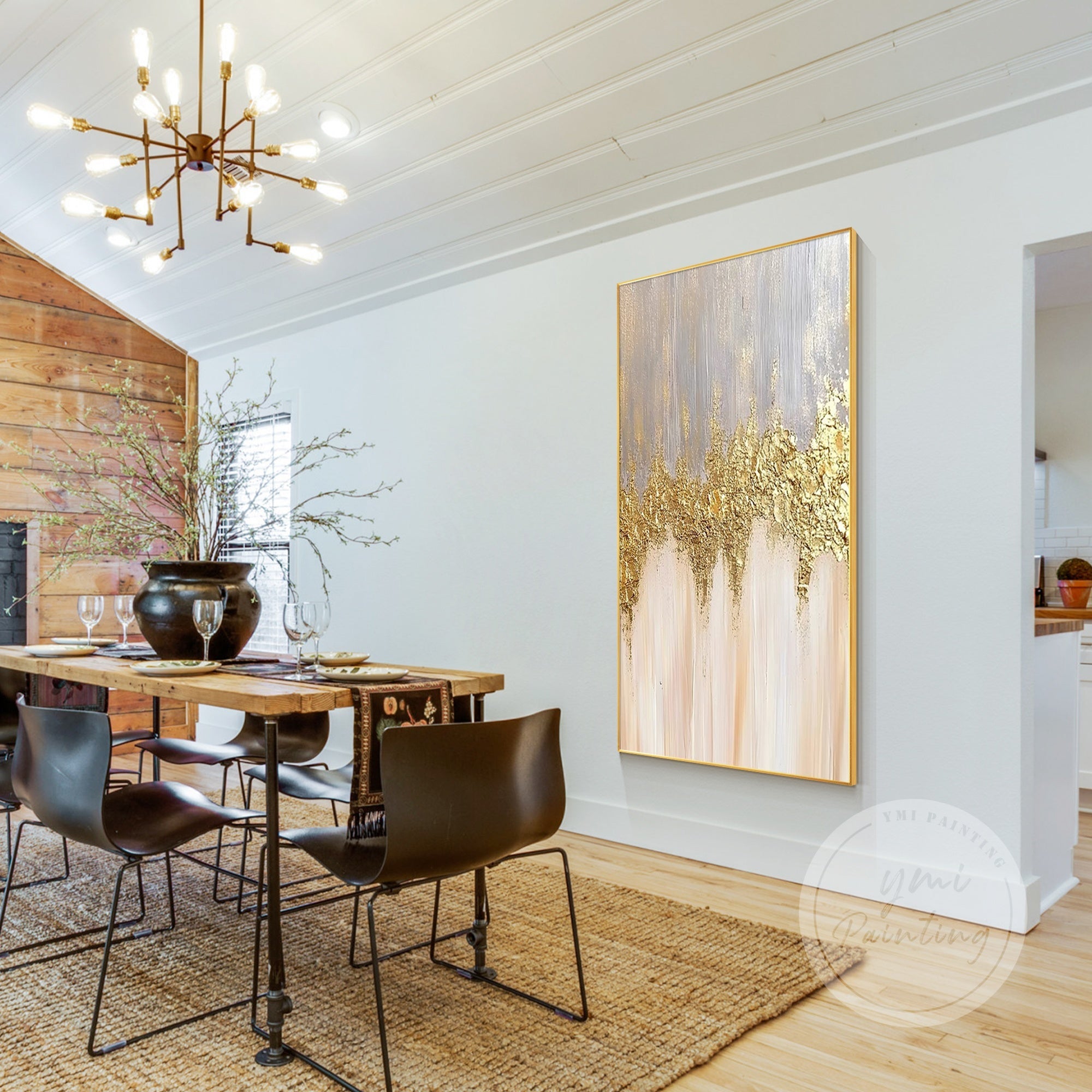 Modern abstract artwork with rich metallic highlights in a golden frame.