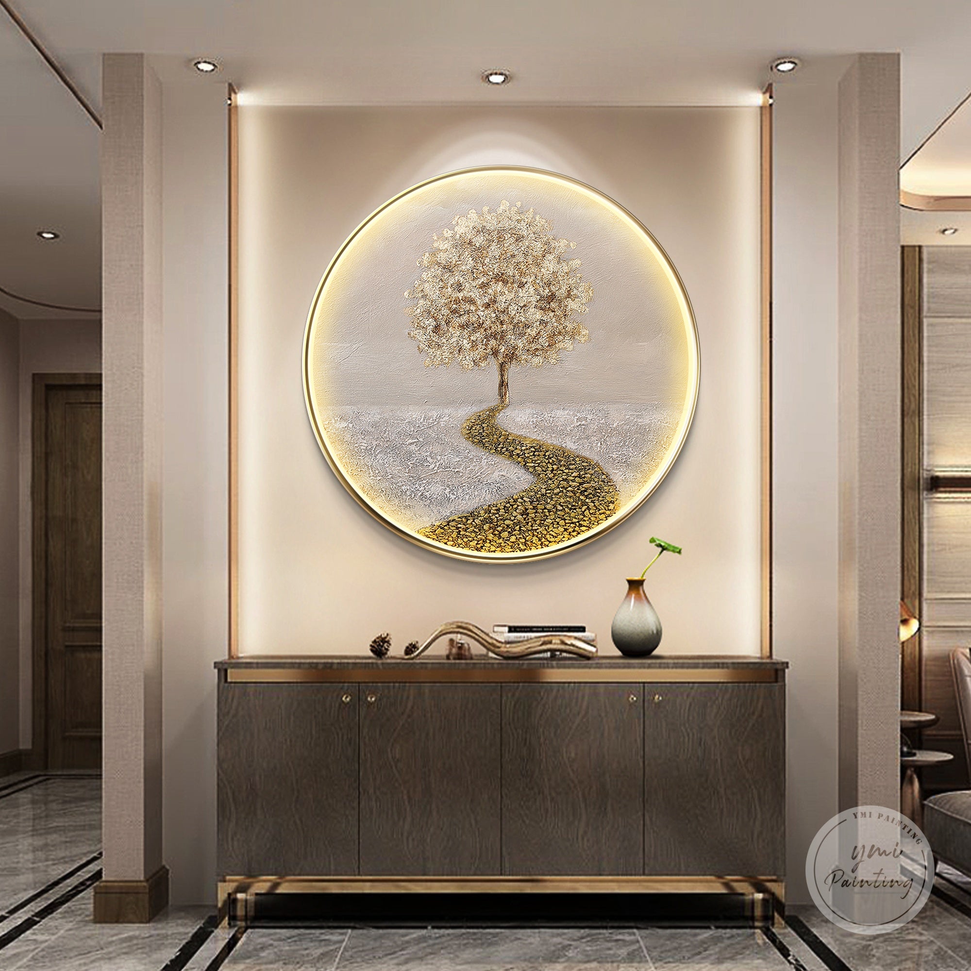 Circular gold leaf tree LED decorative wall art displayed in a modern entryway