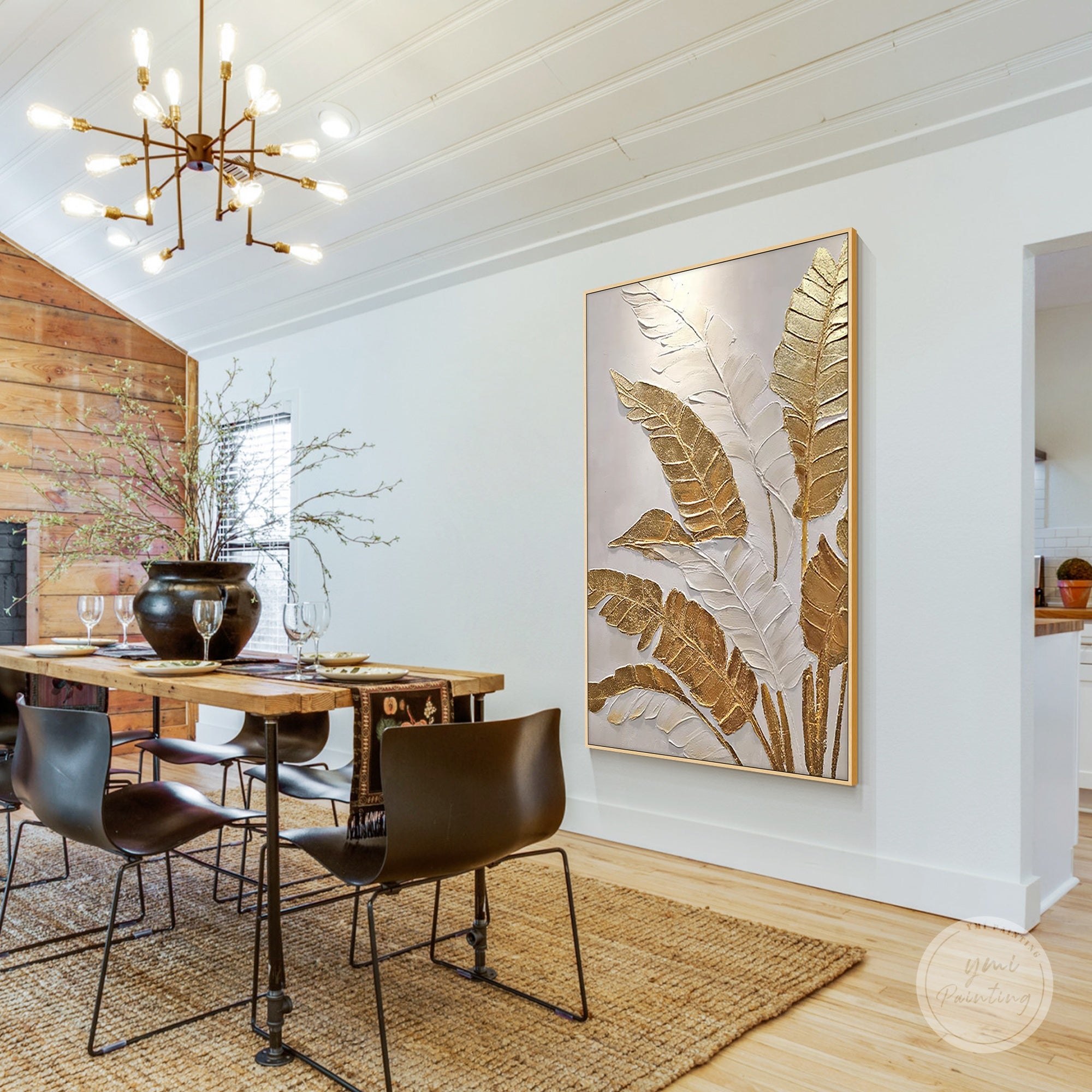 Tropical leaf canvas painting featured in a home dining room