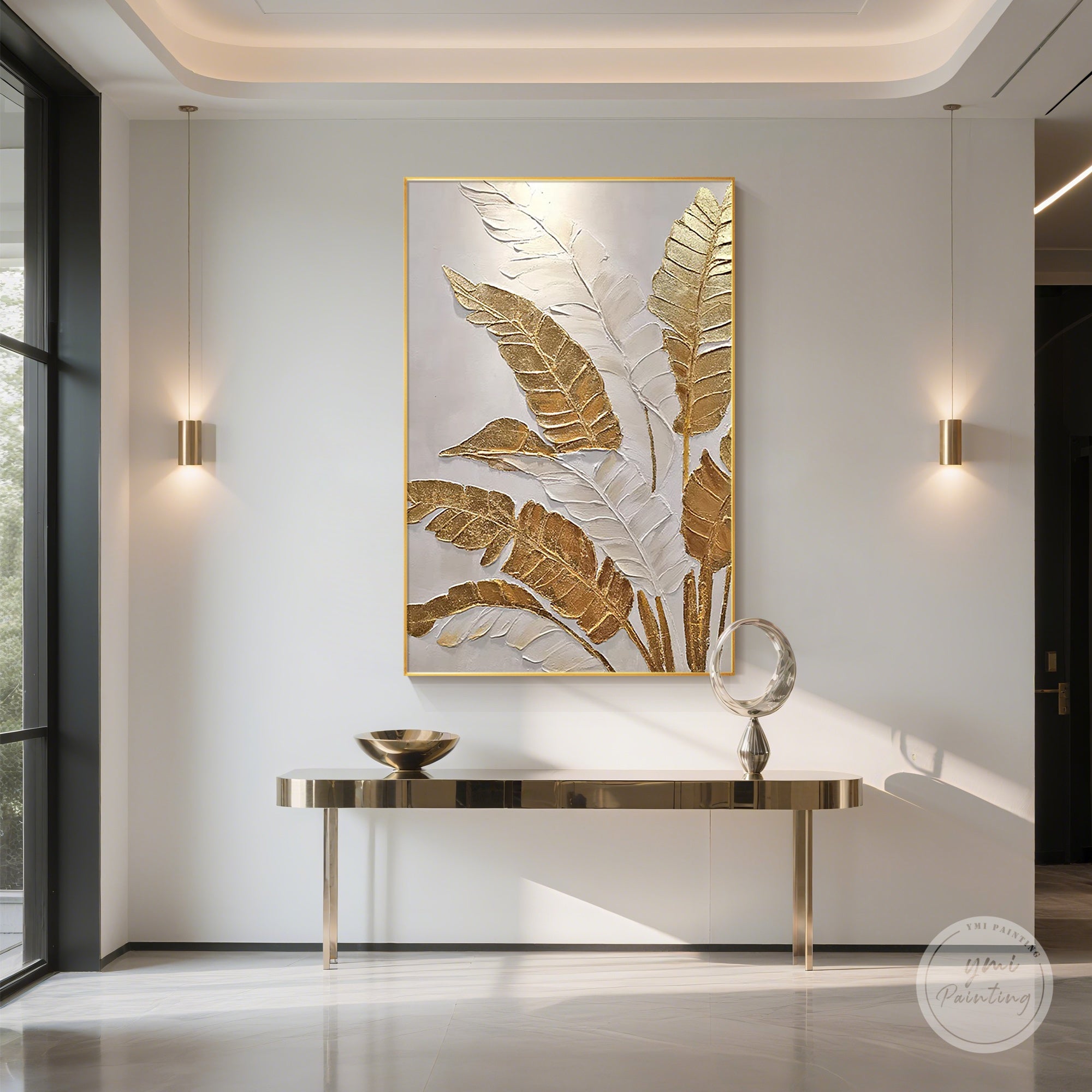 Gold and white tropical leaf canvas painting displayed in a modern entryway